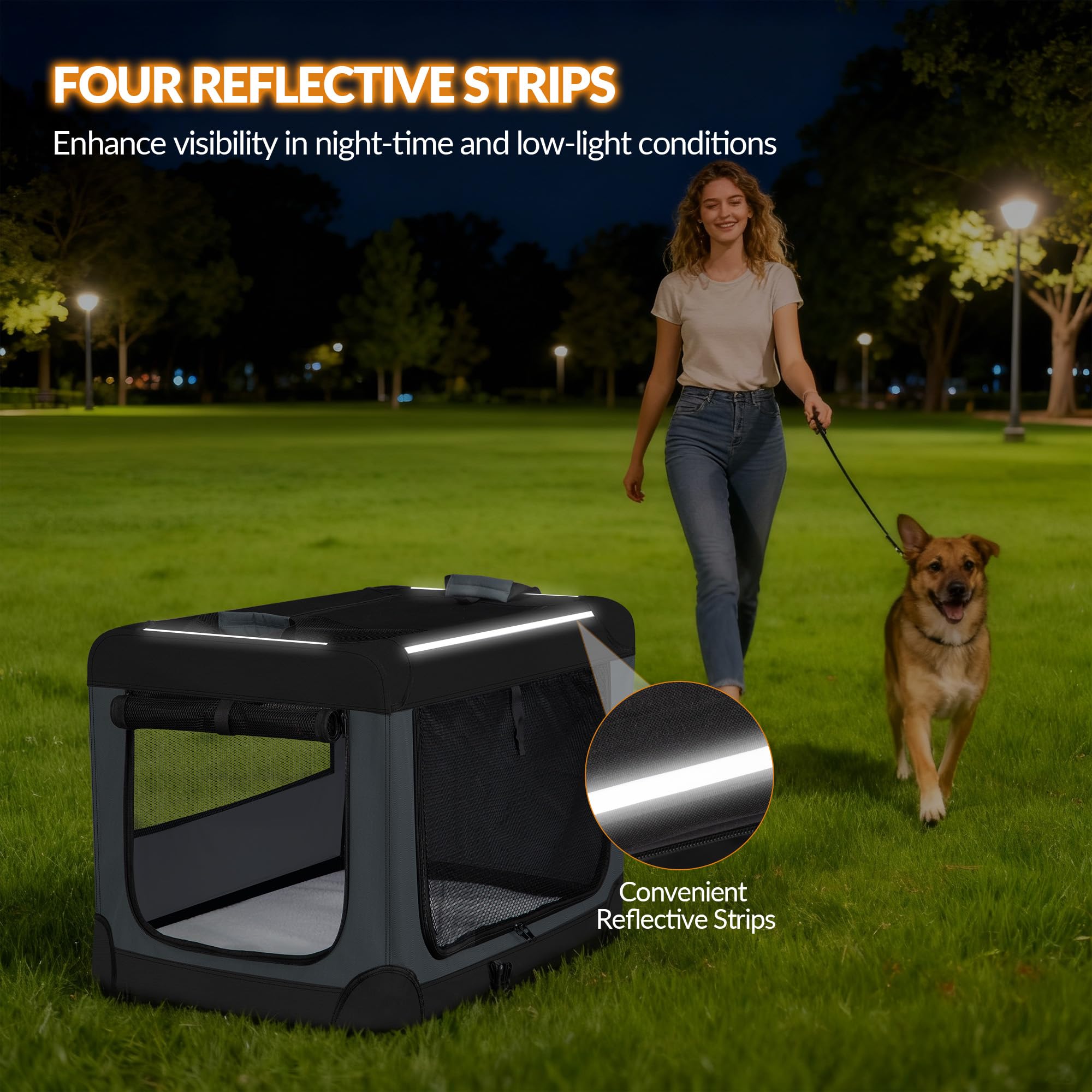 Hundebox Faltbar mit 3-Türiger, 76,2 x 53,4 x 53,4 cm, Grau | Transportbox Hund, Tragbare Hundetasche mit Reflektierenden Streifen, Taschen, Oxford-Gewebe, Matte ist Abnehmbar, FPDT006OG1
