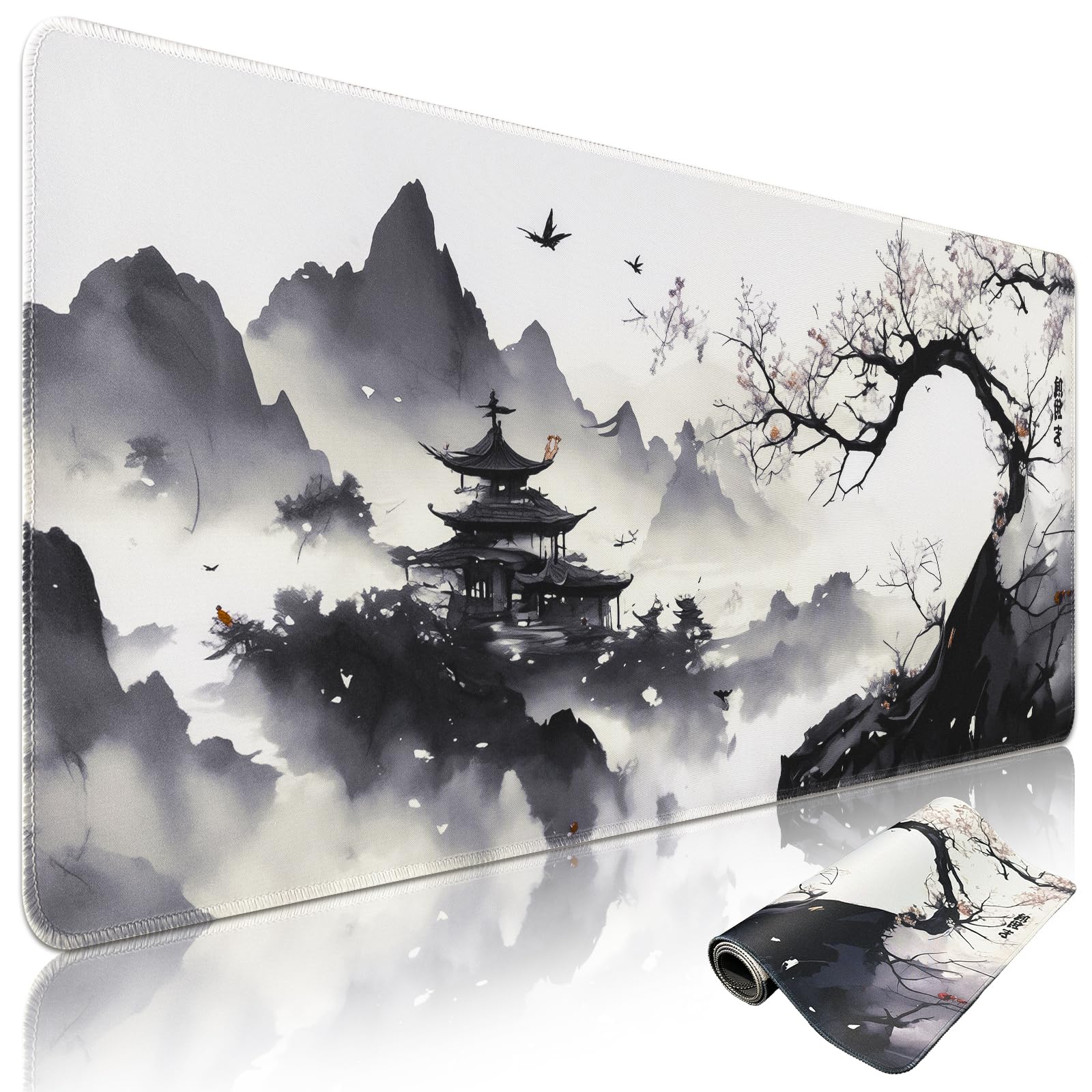 Niviy Tappetino Mouse XXL,1200x600x3mm Tappetino per Mouse con Motivo di pittura a inchiostro,Mouse pad da gaming in gomma antiscivolo di grande dimensione per tavolo, computer desktop
