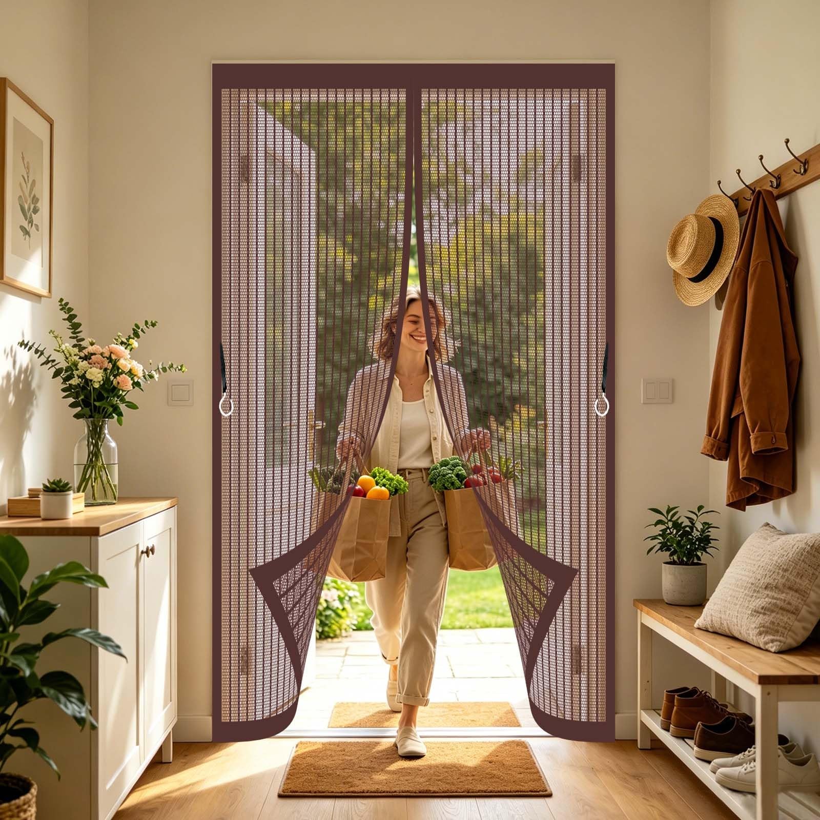 Magnetic Screen Door 128 x 204 cm with Powerful Magnets and Full Frame Magic Tape, Keep Bugs Out Magnetic Curtain Adhesive Installation Without Drilling for Patio Balcony, Brown