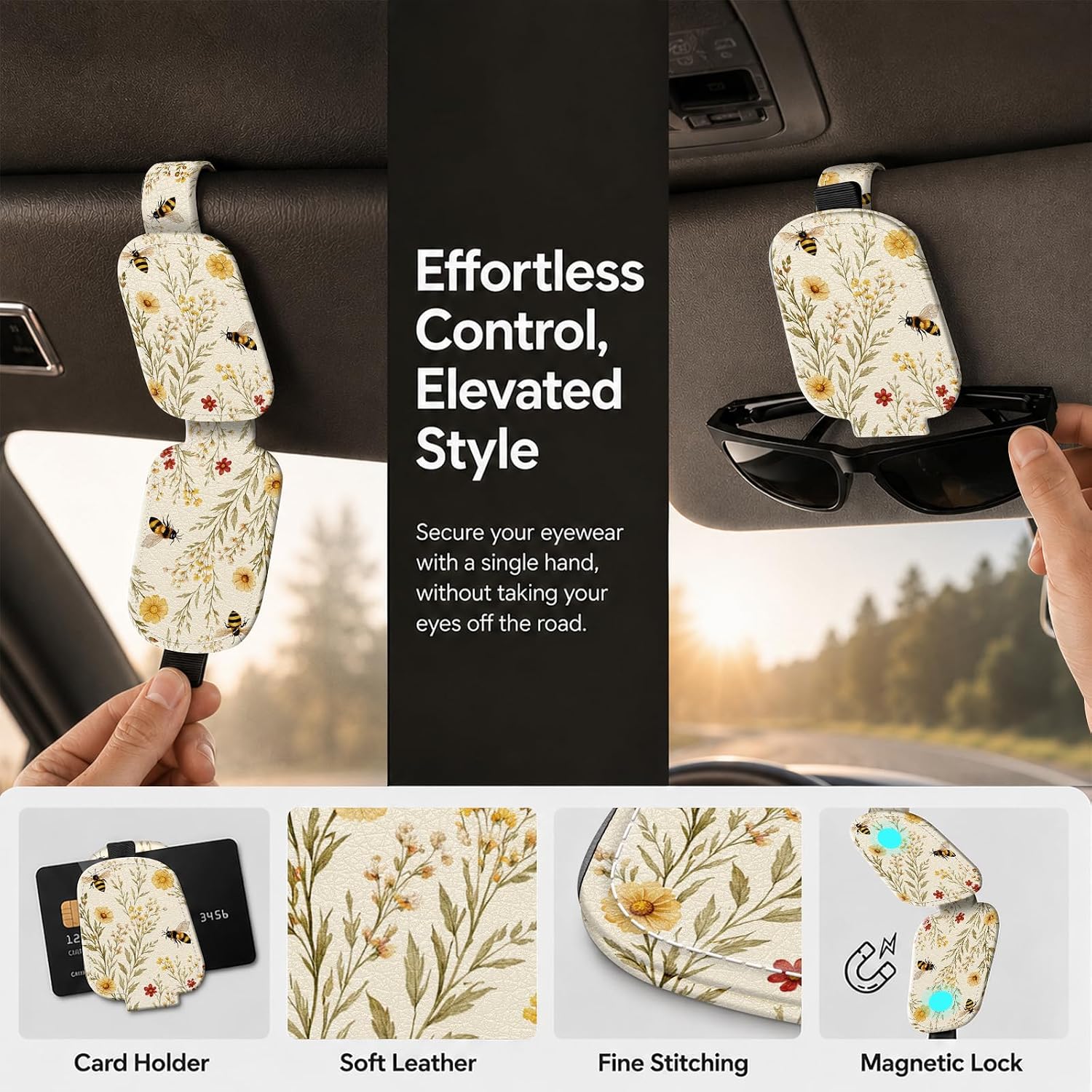 Sunglasses Holder for Car Visor, PU Leather Glasses Clip Organizer, Cute Magnetic Eyeglass Holder for Vehicle Sun Visor, Car Interior Accessory for Women & Men, Bee Flowers image 5