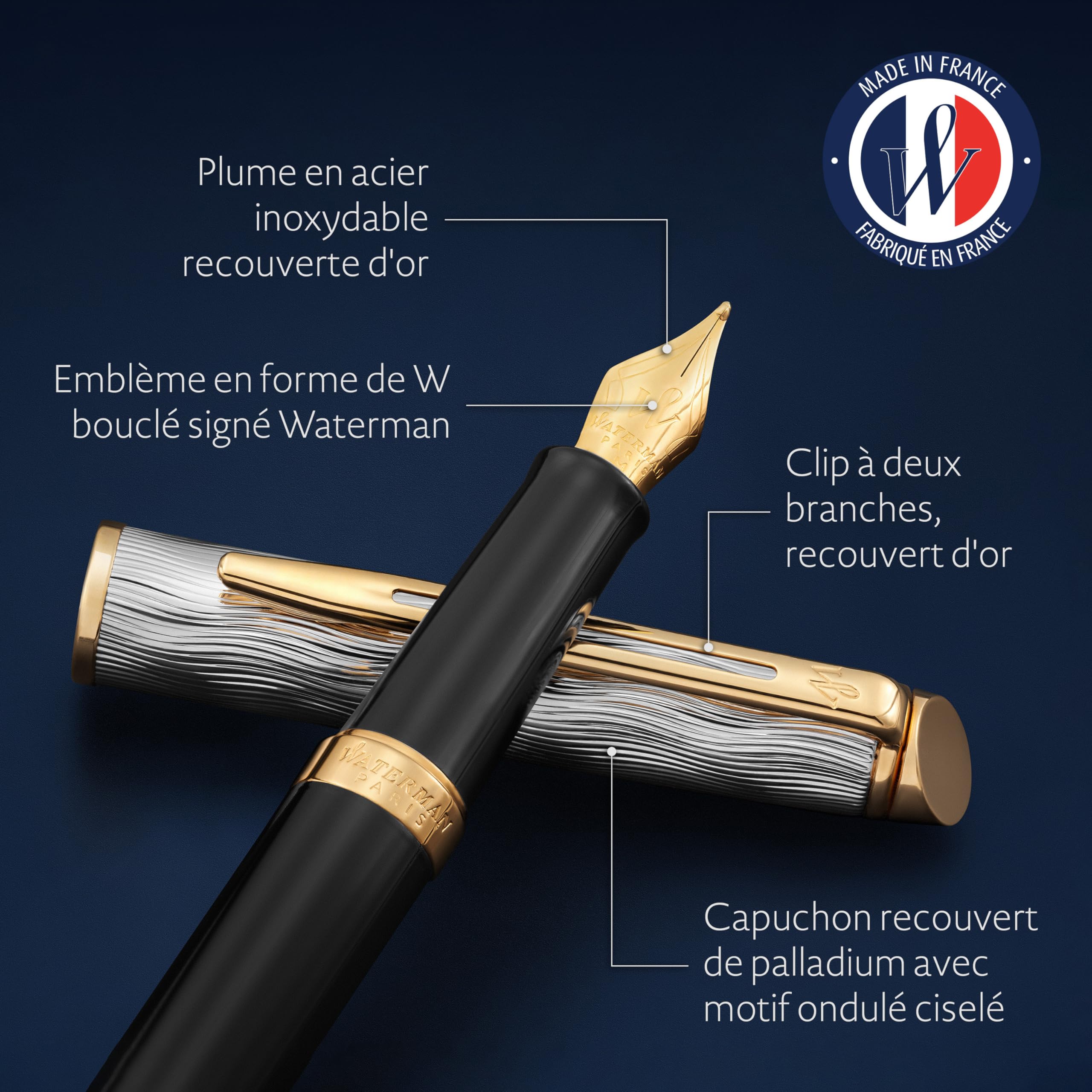 Waterman Hémisphère Stylo plume | Métal et laque noire avec finition or et Capuchon ciselé | Plume moyenne en acier inoxydable plaqué or | Coffret cadeau