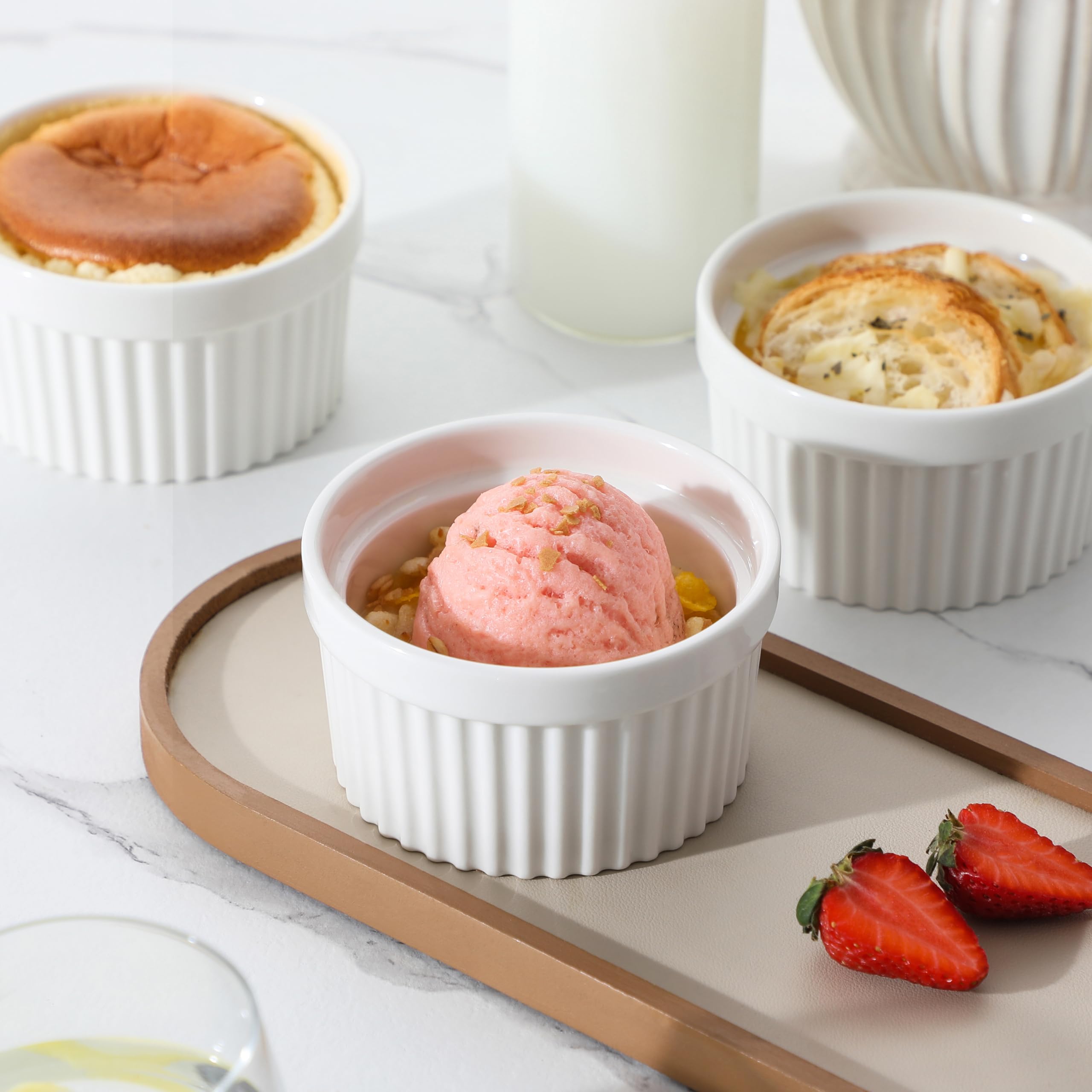 MALACASA Lot de 6 Petit Ramequins Four en Porcelaine, Ramequins Individuels en Céramique pour Soufflés Crème Brulée Muffins Cupcakes Puddings, 320ml, Blanc Ivoire
