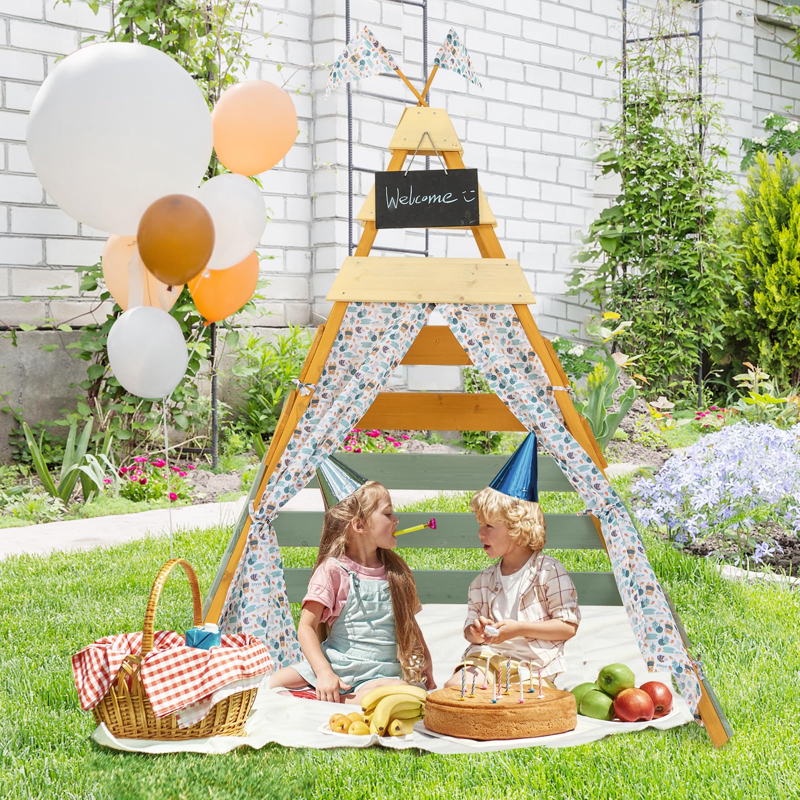 Costzon Kids Tent, Large Wooden Indoor Outdoor Triangle Hideaway Playhouse with Machine Washable Flags, Removable Chalkboard & Door Curtains, Teepee Tent for Kids Children 3+ Years Old