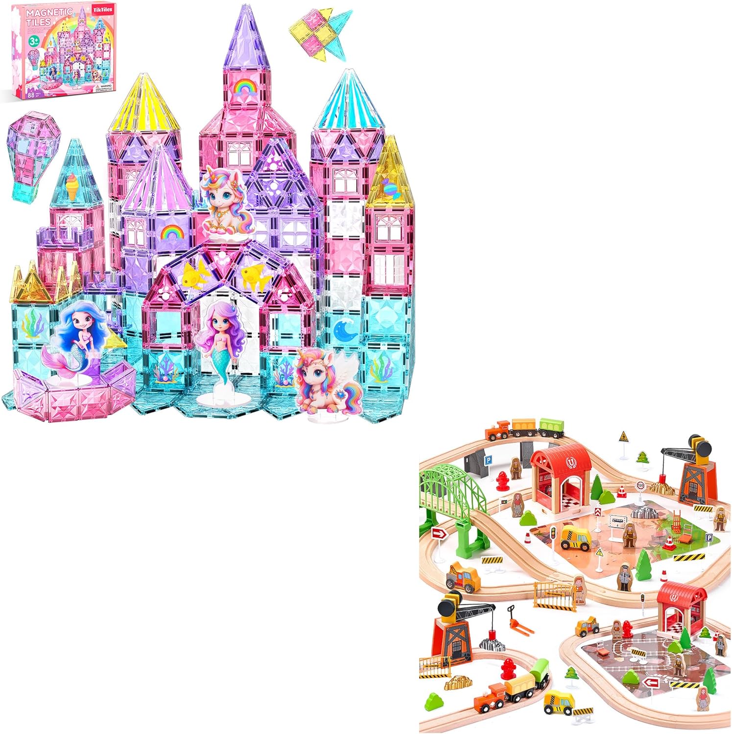 Magnetic Tiles Unicorn Building Toys Set and 102-Piece Wooden Train Set