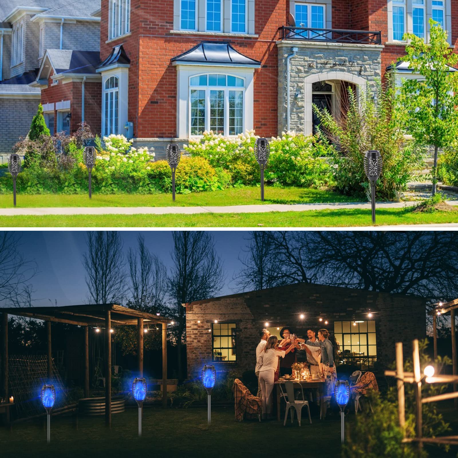Lot de 8 lampes solaires d'extérieur bleues avec flamme vacillante, 12 mini torches Tiki à DEL, décorations de paysage étanches pour jardin, allée, du crépuscule à l'aube, marche/arrêt
