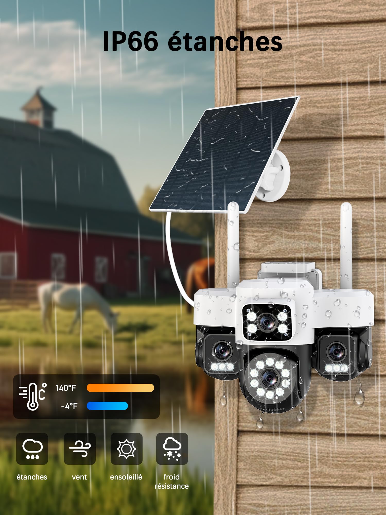 4G Camera Surveillance Exterieure sans Fil,AOV 24/7,Quatre objectifs/Camera Solaire/Batterie,4K caméras de Surveillance avec Carte SIM,Vision Vocturne,Alarme,Audio Bidirectionnel,Suivi Automatique