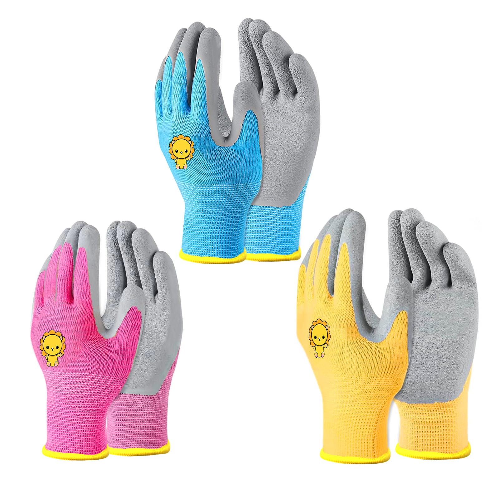 CubePlug Girls and Boys 3 Pairs Kids Gardening Gloves for Age 4-11, Non-Slip Work Gloves, Kids Gardening Work Gloves,Foam Rubber Coated Gardening (Pink+Yellow+Blue, Age(4-5))