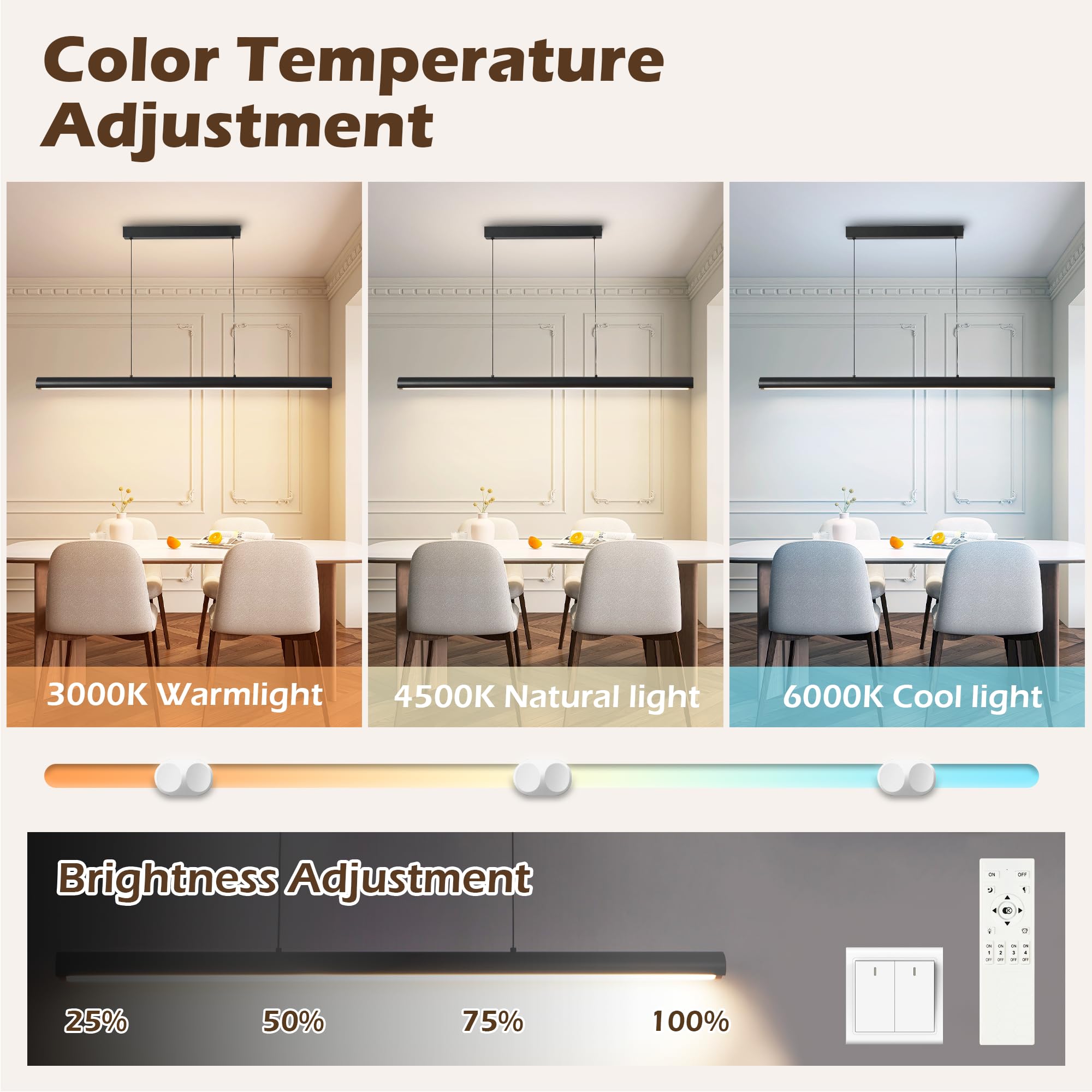 FANLG LED Lampara de techo colgante,80CM Lampara Colgante Cocina Negro Regulable con Control Remoto,30W Lampara Comedor lineal Iluminación Colgante regulable altura para Comedor Cocina Oficina