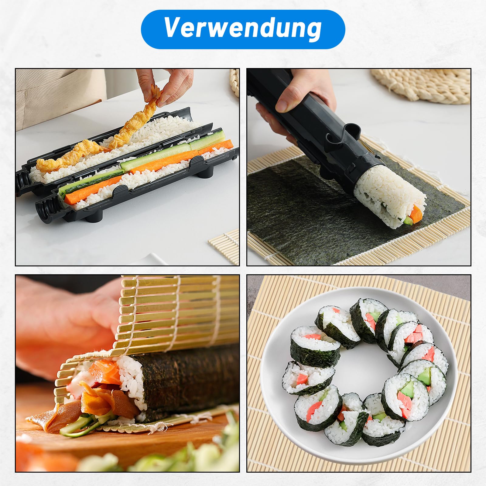 Zestaw 2 szt., szare sushi, bazooka, forma do sushi z matą bambusową, łatwy w obsłudze, zestaw do sushi dla początkujących i profesjonalistów, do samodzielnego wykonania sushi