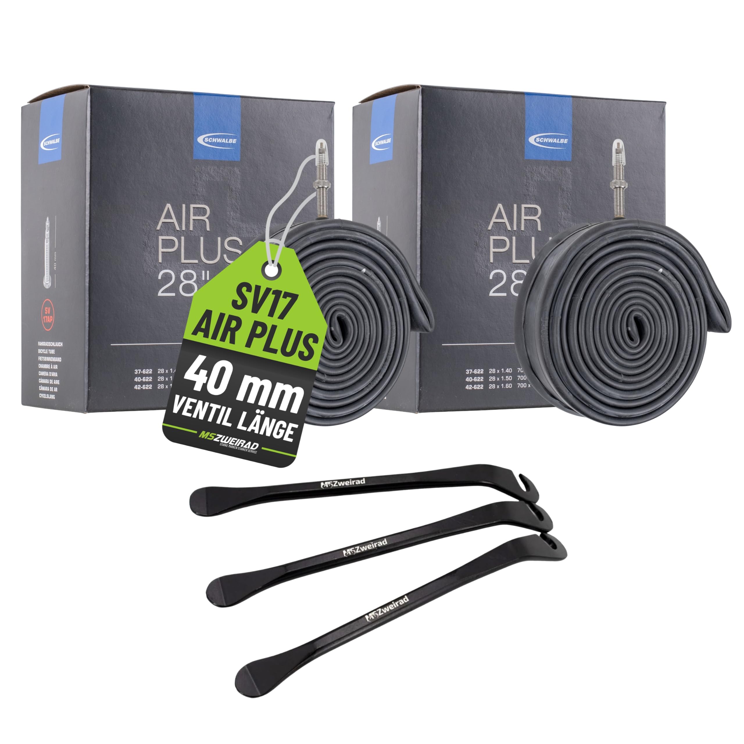 Schwalbe 2X Fahrrad Schlauch SV17 Air Plus 28 Zoll inkl. Reifenheber | Robustes Set mit SV 40mm Ventil - passend für E-Bike & MTB - ETRTO 37/47-622/635