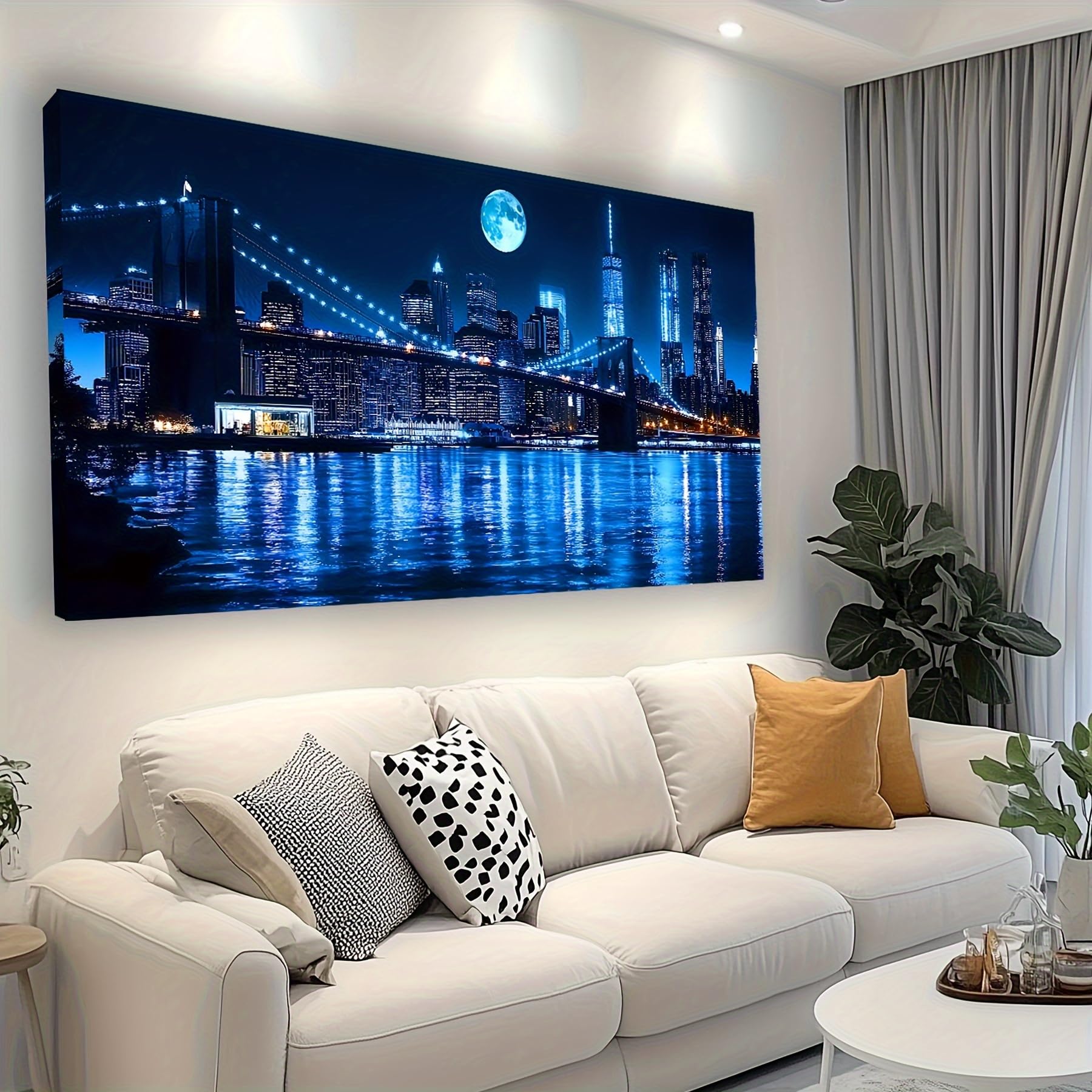 Zhadongli Art With Frame New York City Skyline Wall Art Dark Blue Black Manhattan Night Skyline Canvas Prints Poster Pictures Wall Decor Painting(70X140cm(28X55in))