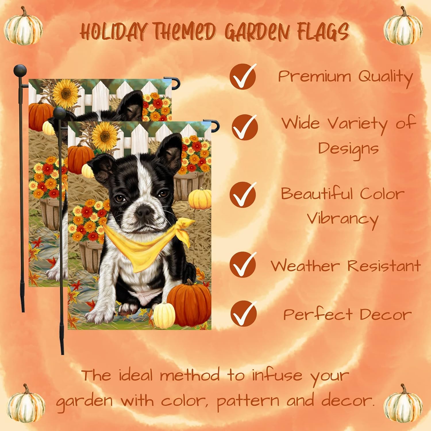 Boston Terrier Puppy Fall Garden Flag with Pumpkin Sunflower Double Sided Outdoor Yard Flag Harvest Autumn Decoration for Porch Lawn Patio Garden Holiday Dog Lover Home Décor 12.5" x 18"