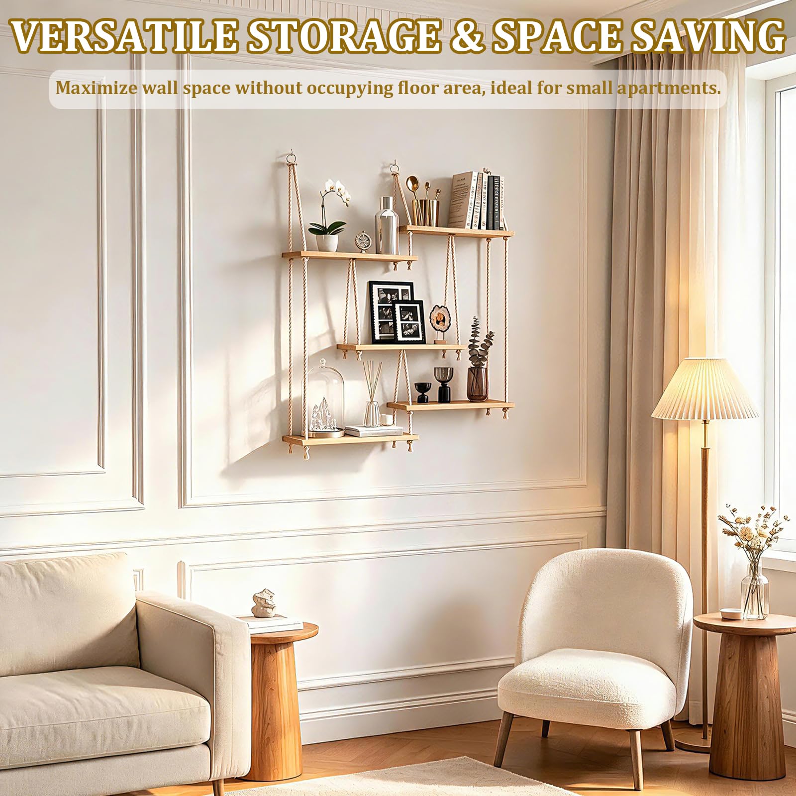 Estantería De Pared De Madera, Estante Flotante De 5 Niveles Colgante | Estilo Bohemio Para Plantas Y Libros Decoración De Macramé Con Guirnalda De Luces De 1,6M Para Sala De Estar Dormitorio