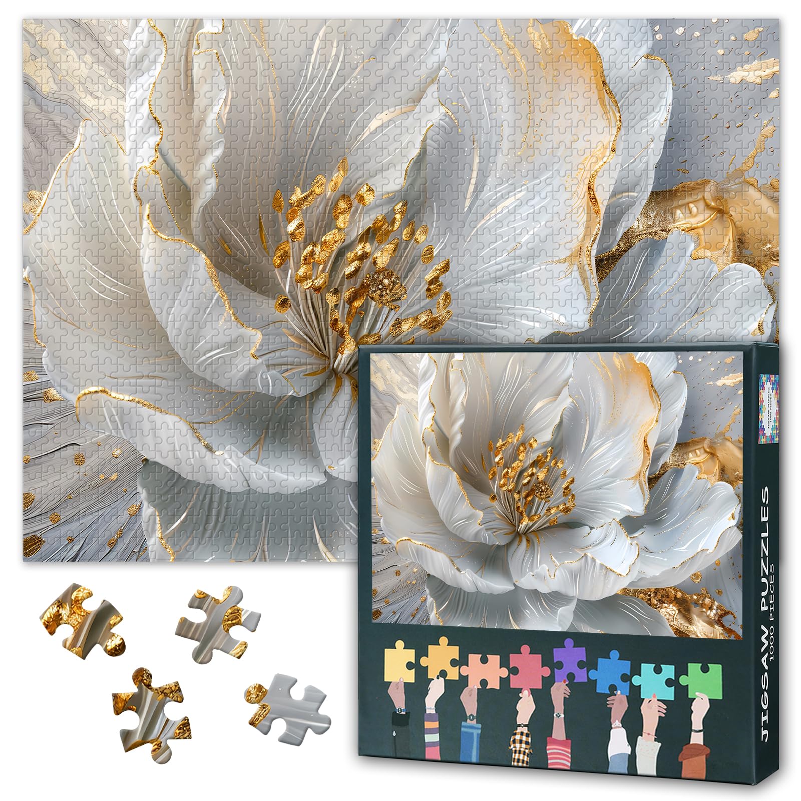 Puzzles for Adults 1000 Pieces, Gold and White Abstract Flower Jigsaw Puzzles, Adult Puzzle for Adults, Educational Fun Games or Toys for Elders Friends 20X27 INCH