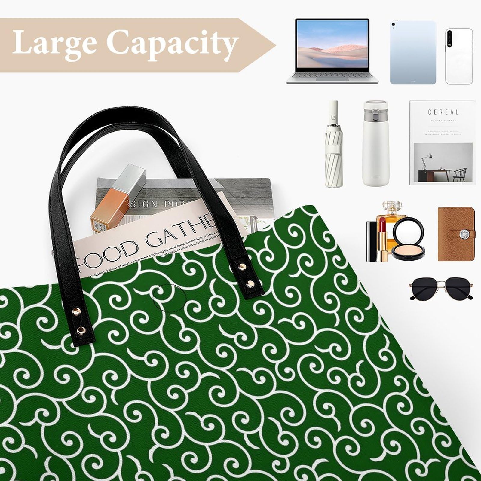 緑色と黒色の葉模様 Vネックトップスとハンドバッグ セット 緑色と黒色の葉模様 Vネックトップスとハンドバッグ セット