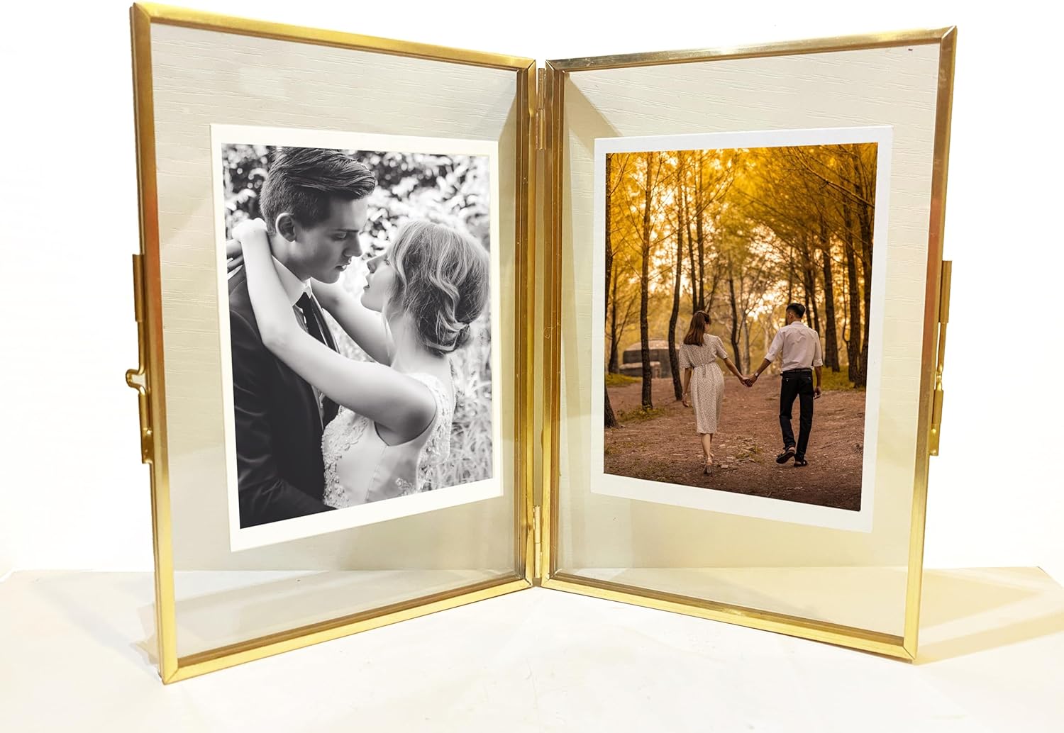 Gold Picture Frame - 5×7 Double Folding Glass Frame for Pressed Flowers - Vintage Brass Metal and Floating Frame - Hinged Photo Vertical (5 * 7)