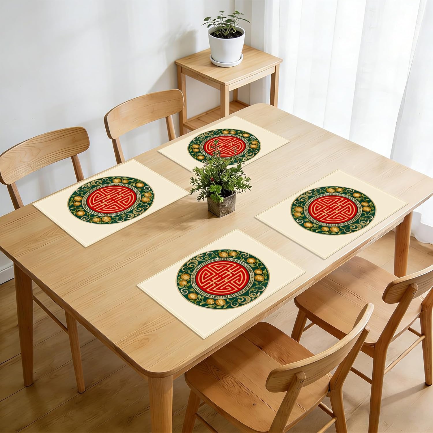 Nuxovilar Tablerunner and Placemats Set of 5 Traditional Chinese Fortune Symbol Print Linen Square Placemats Dining Sets and Accessories Table Decor Formal Dinners, Events, Dining Tables