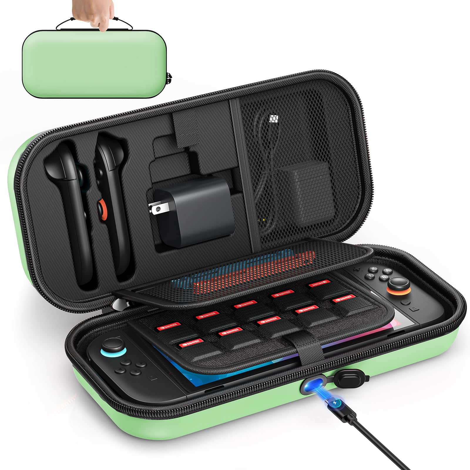 Photo 1 of [Charge inside] Carrying Case for Nintendo Switch 2 2025 / Switch OLED / Switch with Adapter and for Joy Cons Storage, Travel Case for Switch 2 Console with 22 Game Card Storage (Green)
