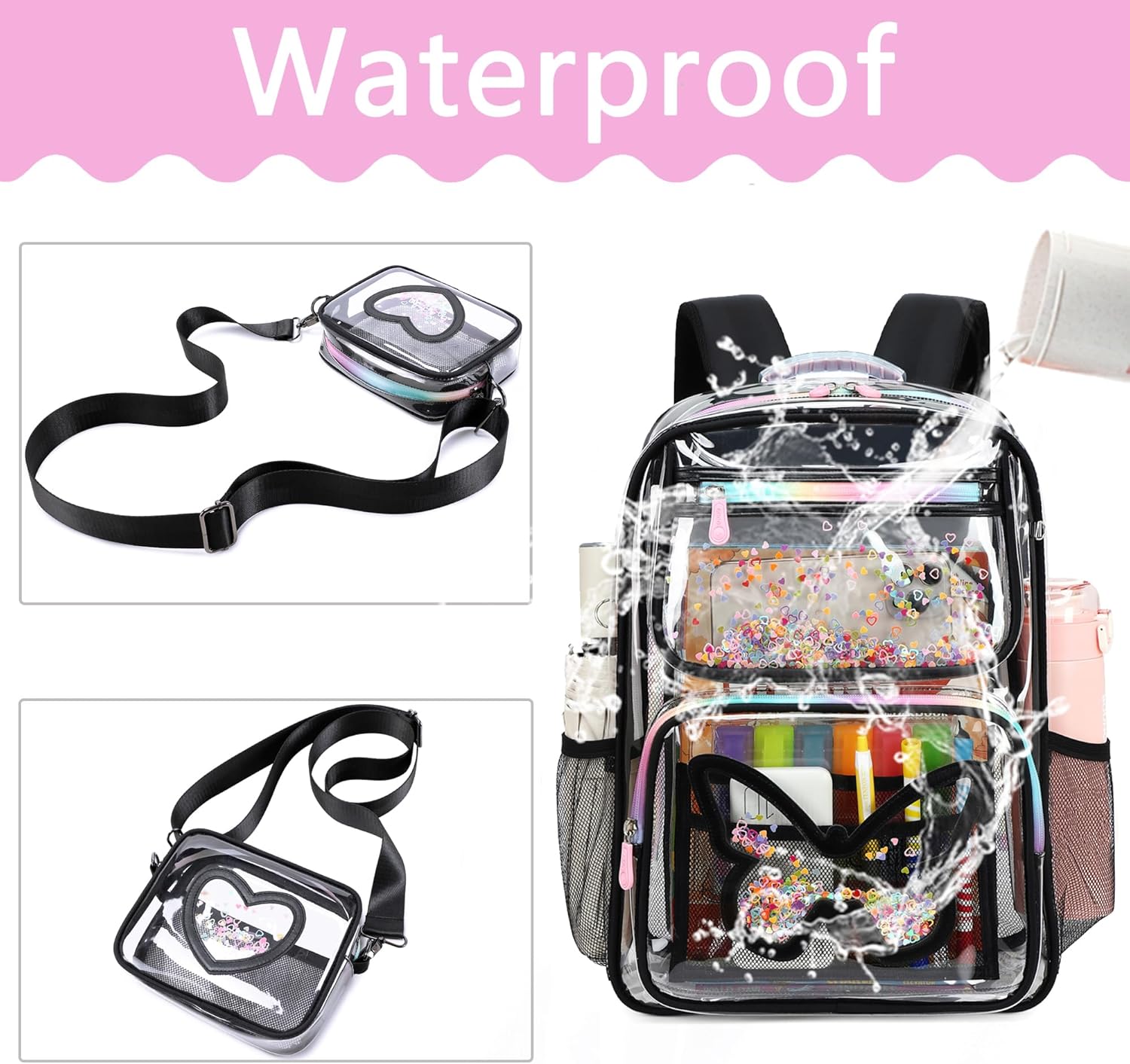 Clear Backpack for Girls,Transparent Backpacks Crossbody Bag for Kids Heavy Duty See Through School Bag Clear Bookbag (Black1, Large) - Image 5
