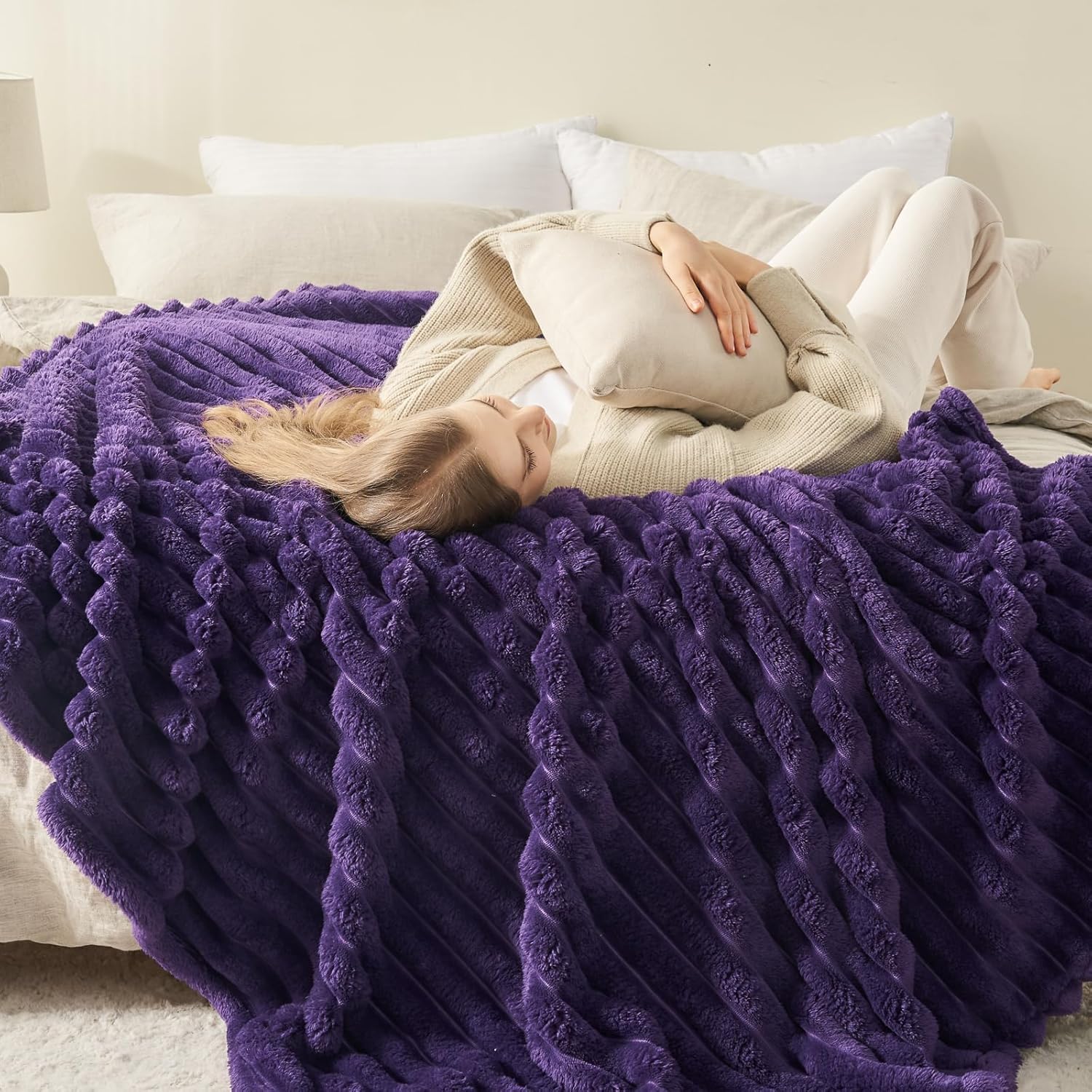 NEWCOSPLAY Super Soft Twin Blanket Purple Premium Silky Flannel Fleece 3D Ribbed Jacquard Lightweight Bed Blanket All Season Use (Purple Ribbed, Twin(60"x80")) - Image 4