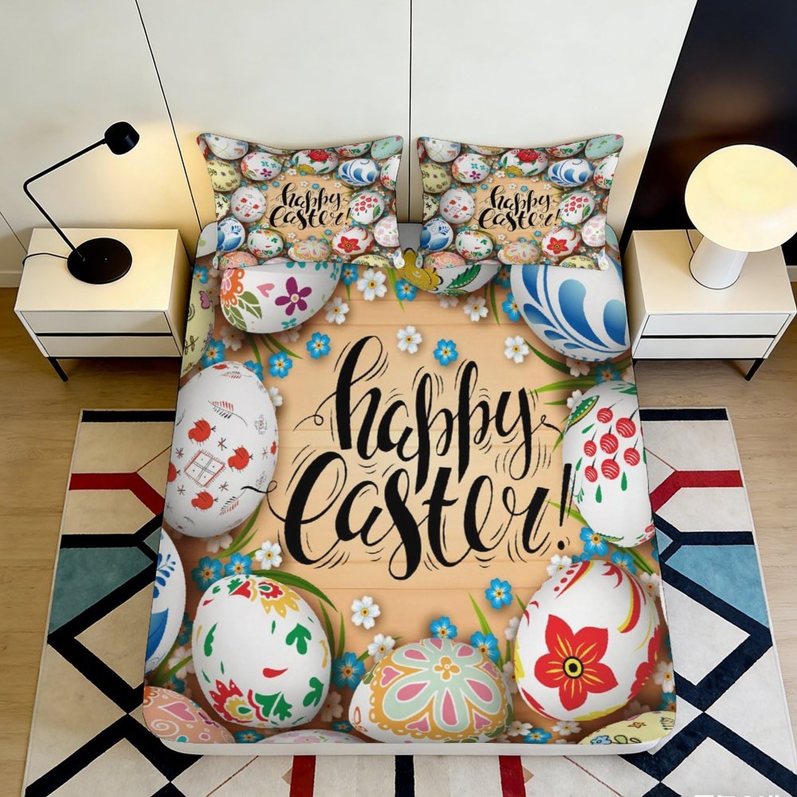 3D Printed Easter Eggs Fitted Sheet Microfiber Deep Pocket Non-Slip Easter Mattress Fitted Cover Full Wrap for Bedroom 180x200x25cm