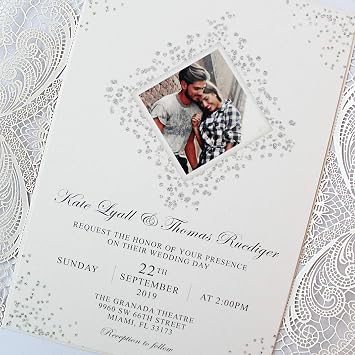 25 Laser Cut Wedding Invitations with Ribbon Bow, Photo Wedding Invitation Cards Template, Elegant Bridal Shower Invites Save the Date