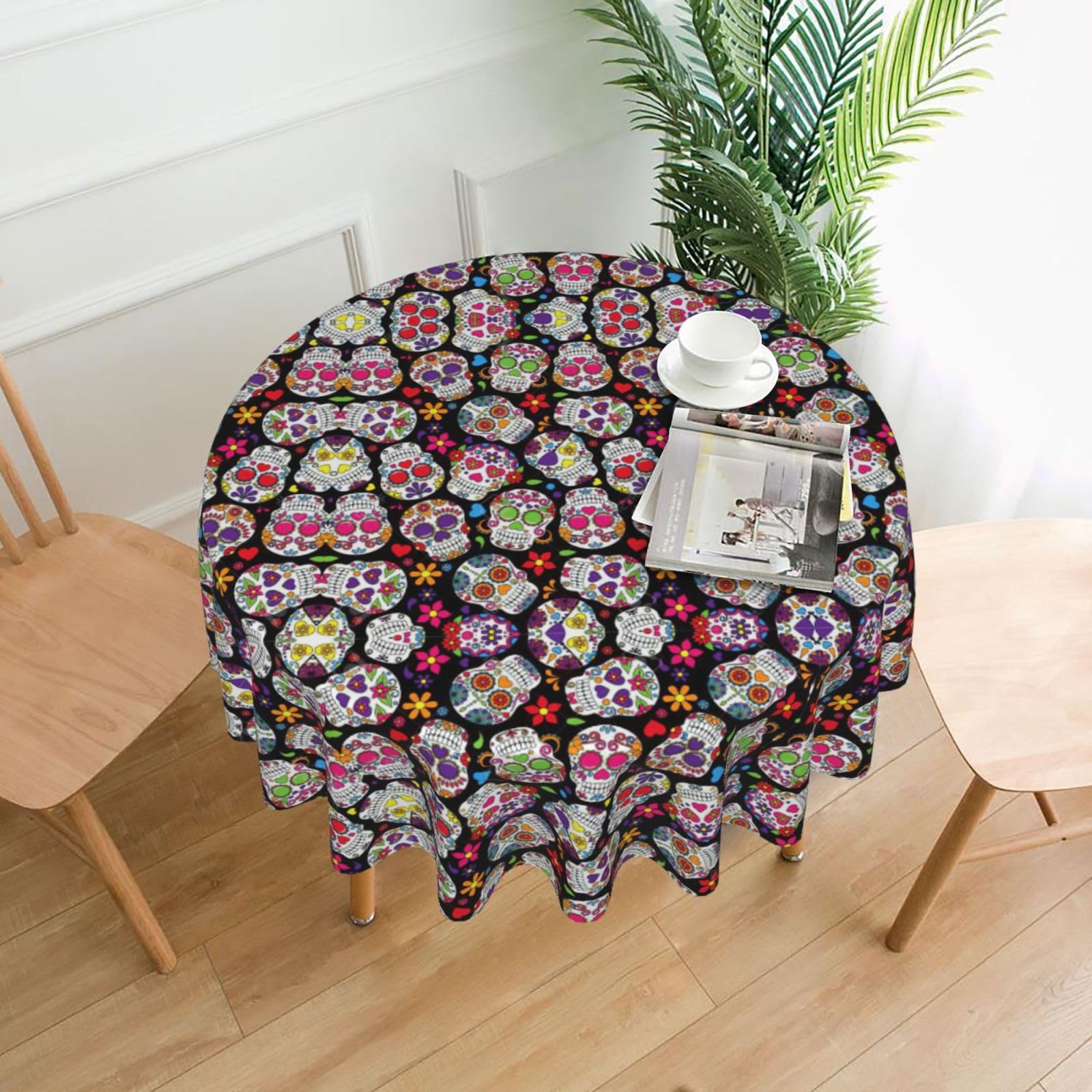 VCzsdff skulls Print Stain Resistant Round Tablecloth 60in Family Friendly Polyester Cloth for Kids Meals