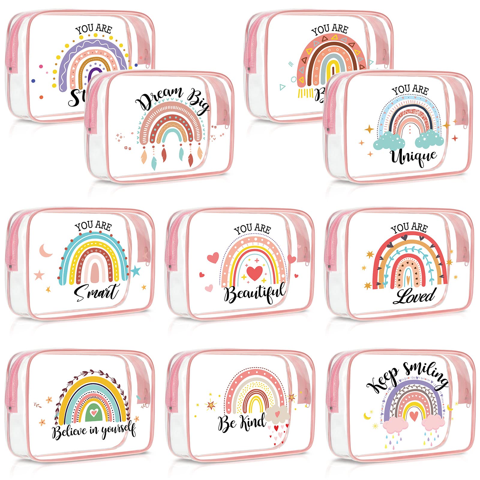 Kacctyen 10 Pcs Rainbow Clear Makeup Bag Women Gifts Inspirational Quotes Waterproof PVC Cosmetic Bags Portable Multifunction Pouch for Graduation