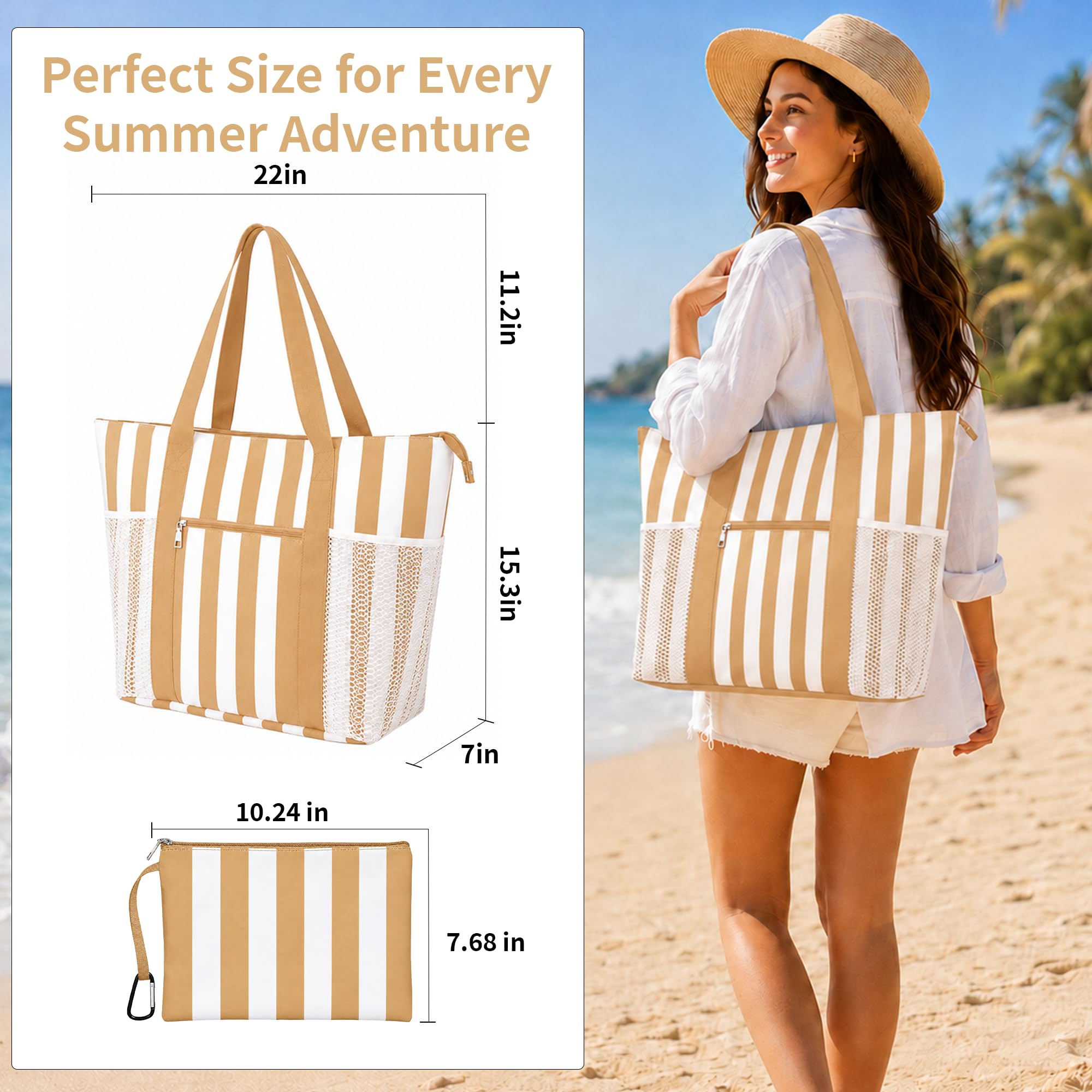 TAHAVICE Sac de plage pour femme avec fermeture éclair, grand sac de plage XXL famille