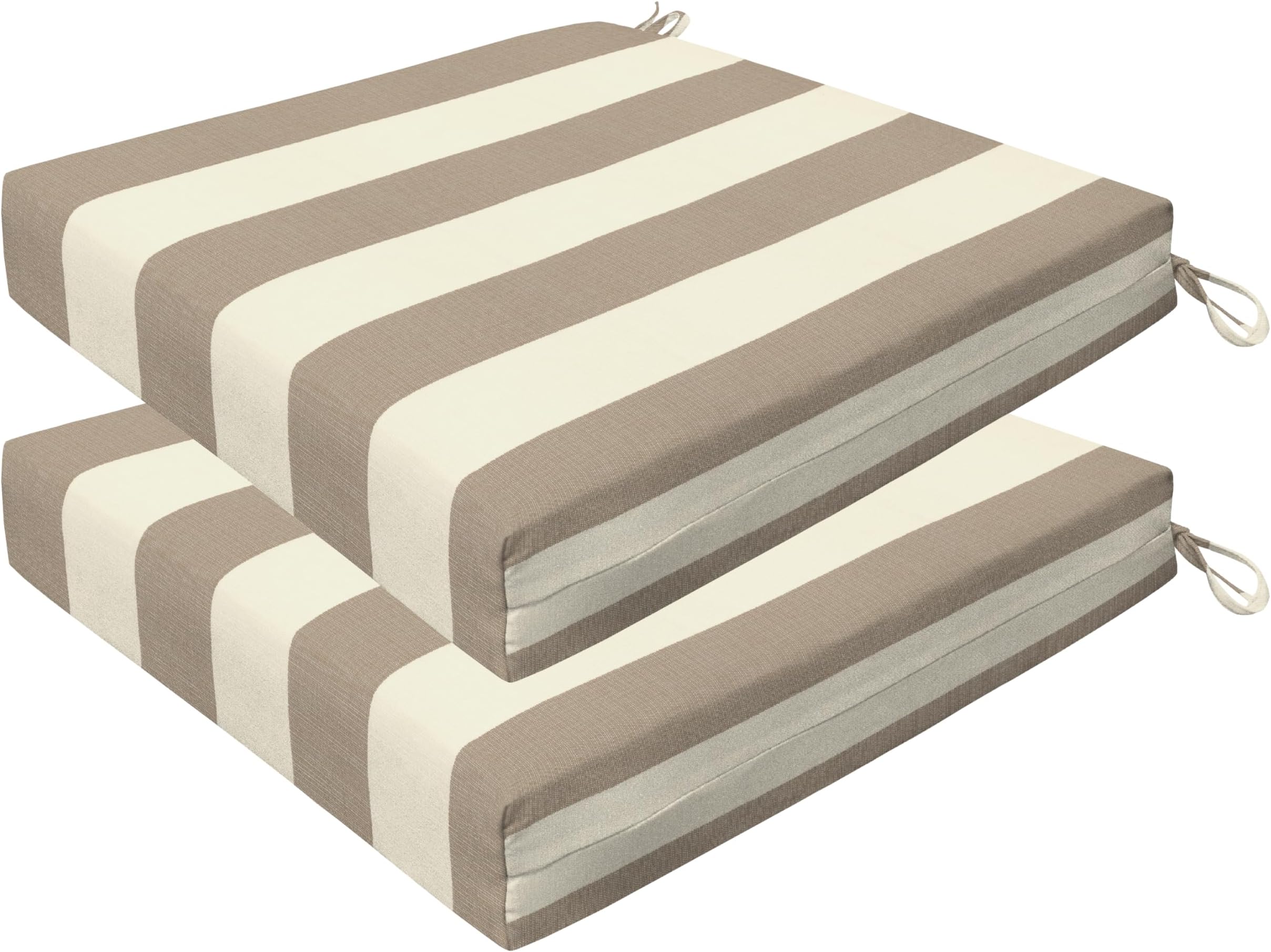 Honeycomb Outdoor Set of 2 Seat Pads, 20 x 20, Cabana Stripe Tan Dining Chair Cushions for Patio Furniture