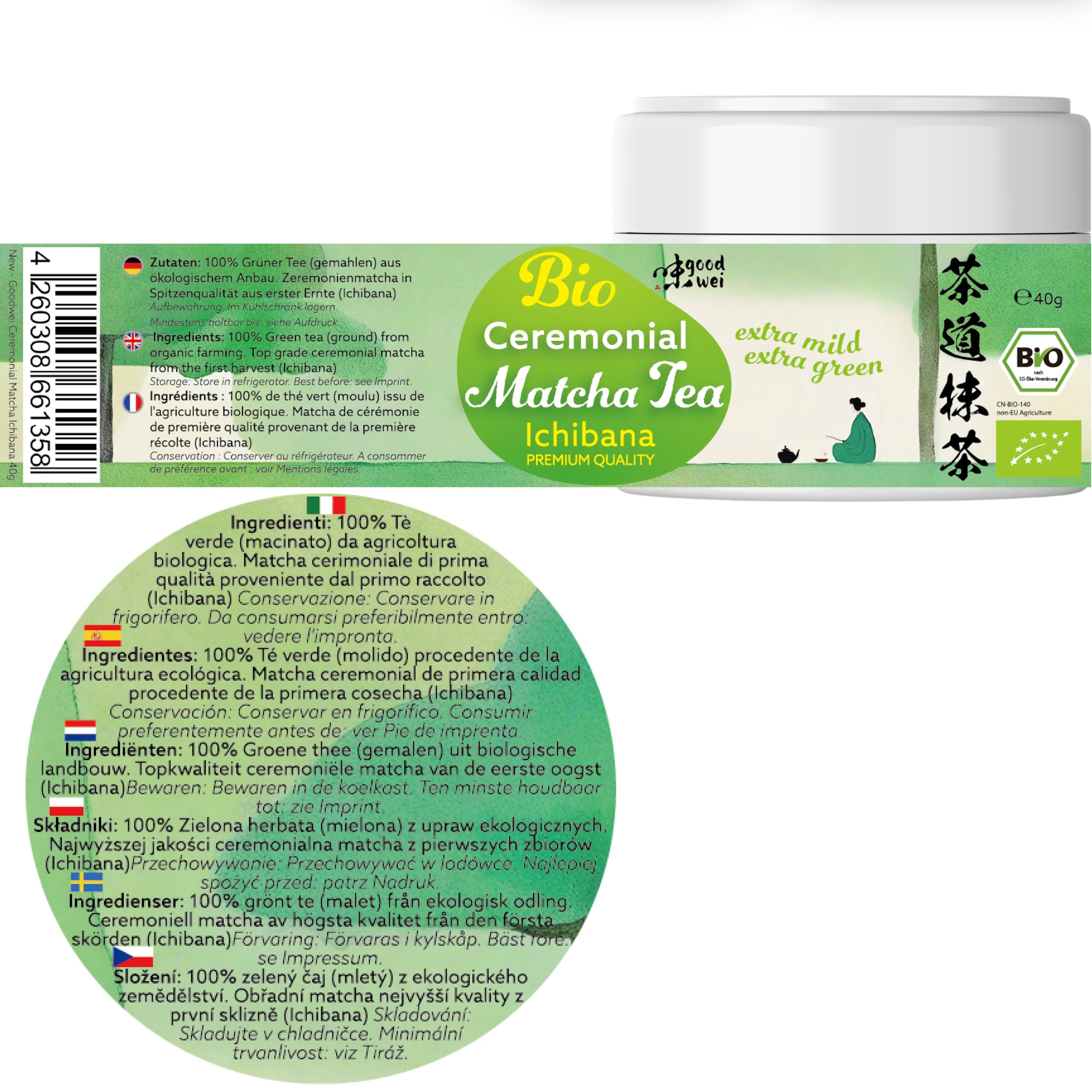 Goodwei Ceremonial Matcha Ichibana - Czysty organiczny proszek matcha z pierwszego zbioru o prawdziwej ceremonialnej jakości