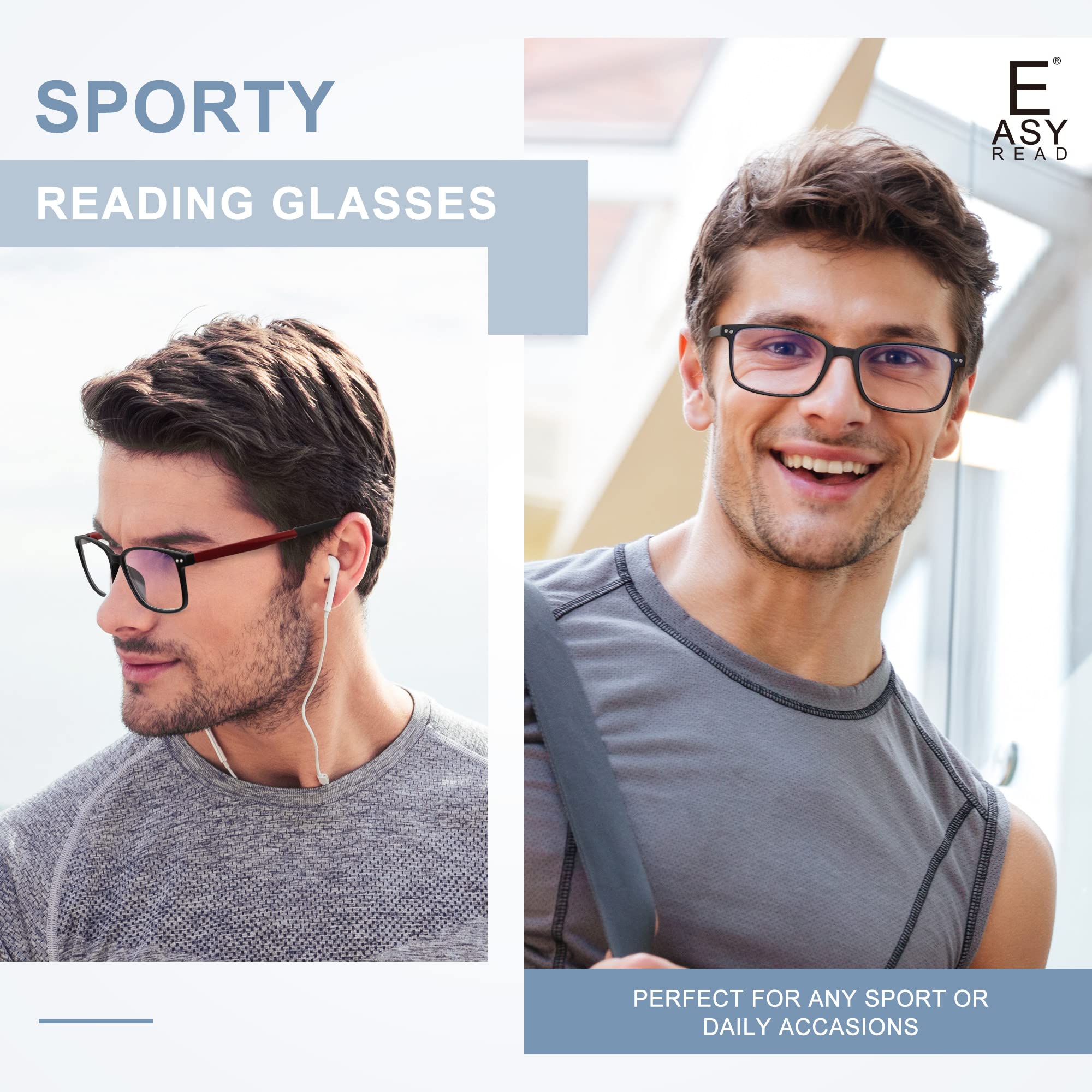 EASY READ 2 paia di occhiali da lettura da uomo rettangolari con blocco luce blu con cerniera a molla, nero/rosso, nero/rosso, medio, nero, Medium