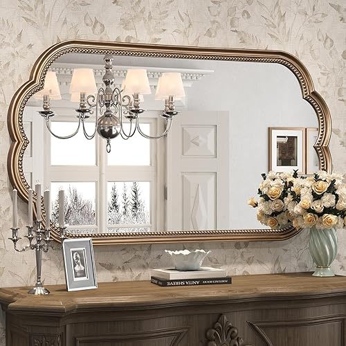 Espejo de pared festoneado, 23 x 42 pulgadas, espejo ovalado dorado con marco de cuentas decorativo, espejos grandes de madera dorada antigua para