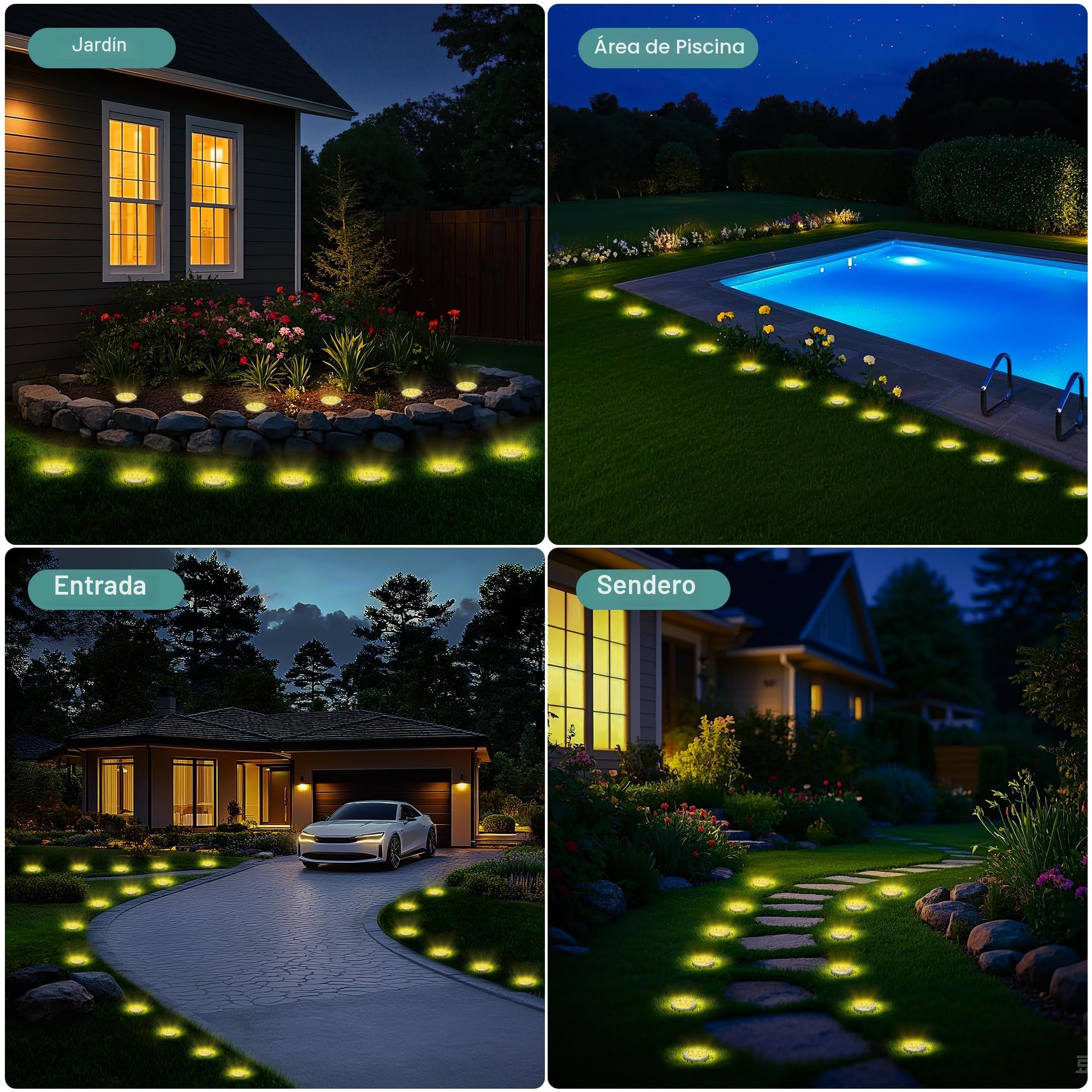 FIFlying 10 Piezas Luces Solares LED Exterior Jardín, 8 LED Luces Solares LED Exterior Jardín Suelo, Acero Inoxidable, Luces Solares LED Jardín para Césped, Camino, Acera, Patio, Blanco Cálido
