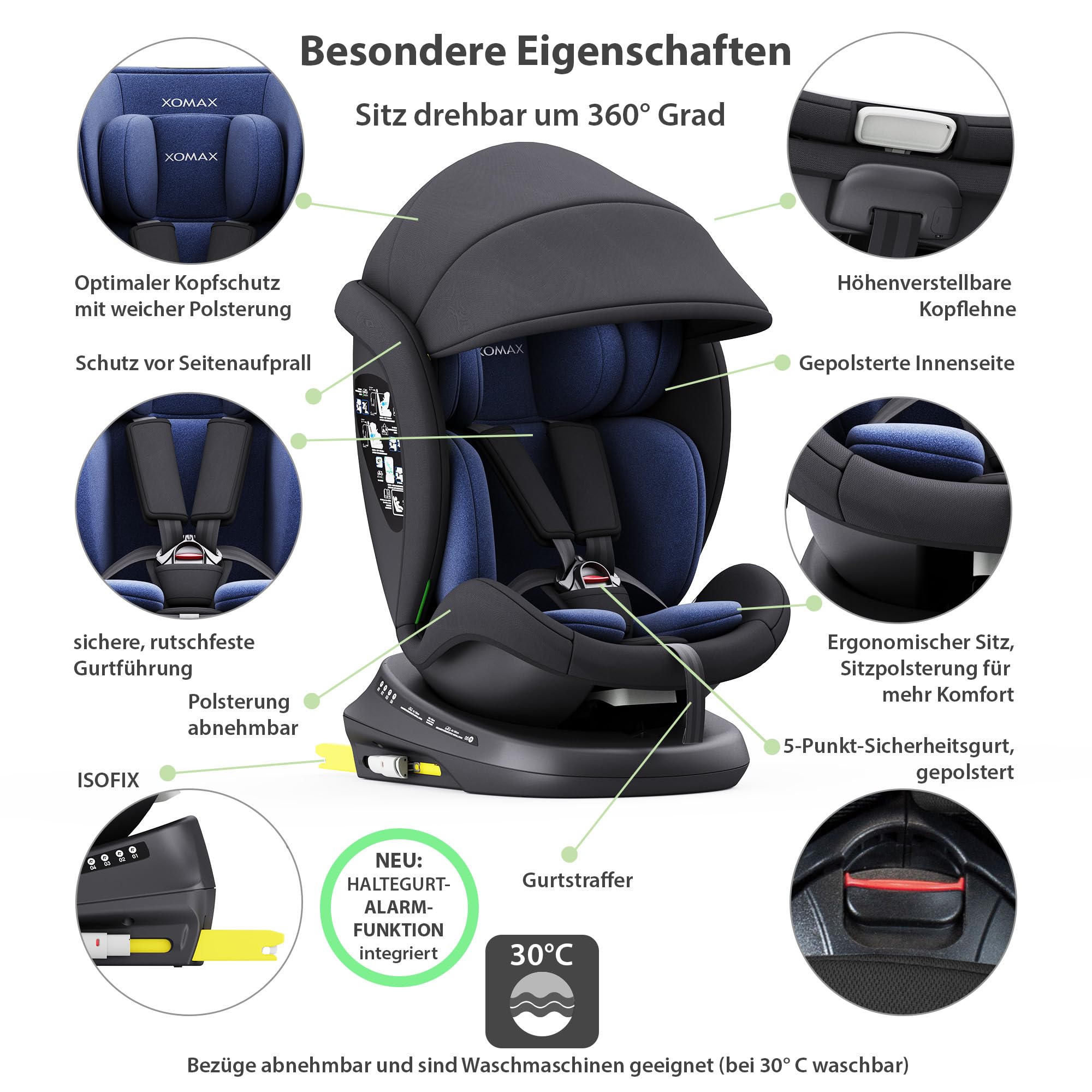 XOMAX 946i Asiento infantil giratorio 360° con ISOFIX, función reclinable I creciente I 0-36 kg, 0-12 años, grupo 0/1/2/3, arnés de 5 puntos y cinturón de 3 puntos, funda extraíble, lavable I ECE R129