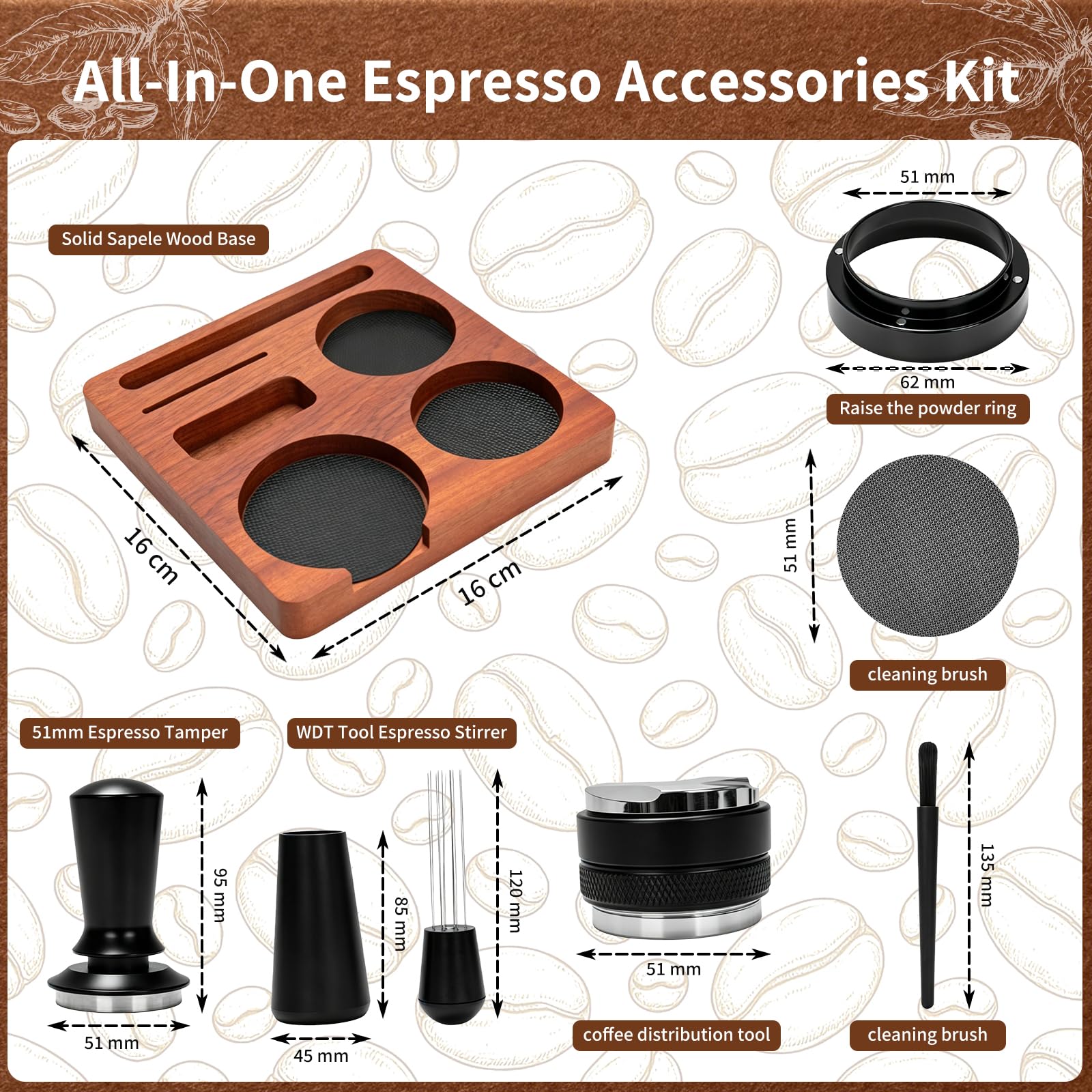 7-teiliges Barista Set 51mm aus hochwertigem Edelstahl für perfekten Kaffeegenuss zu Hause inkl. WDT Tool, Tamper & Tamperstation - Premium Espresso Zubehör für Siebträgermaschine