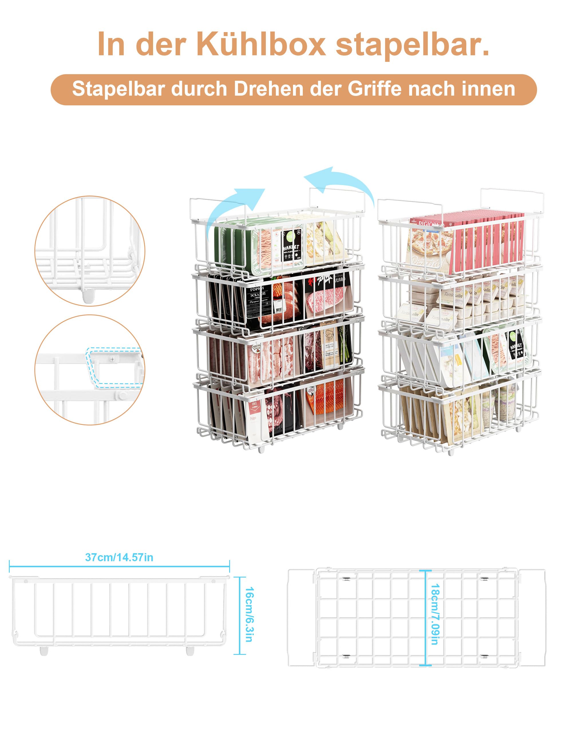 UMDONX Gefrierschrank Organizer Behälter, 8er Stapelbare Metallkorb Gefriertruhe Körbe für 198L,Gefrierschrank Gefriergut Sortieren, Einfacher Zugriff auf Tiefkühlkost Weiß(37x18x15cm)