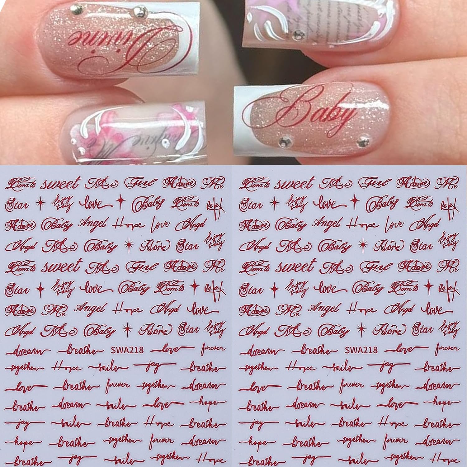 6 Sheets Cursive Letter Nail Stickers Red & Black English Script Words Decals for Nails 3D Self-Adhesive Nail Art Design Accessories Inspirational Text Nail Art Supplies for Women Design Manicure