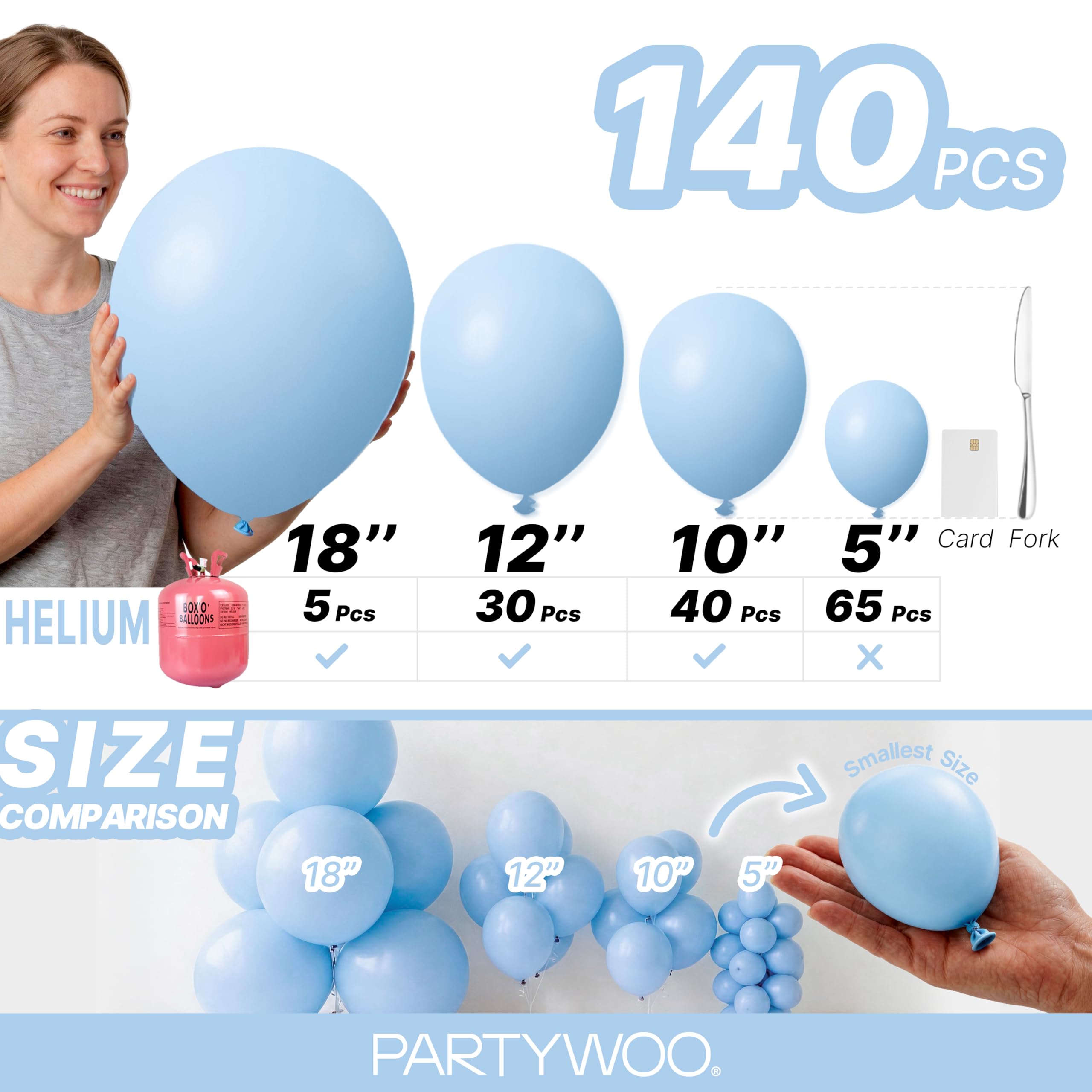PartyWoo Blue Balloons 140pcs Different Sizes of 18 12 10 5 Inch Balloon Arch Kit Garland for Birthday Gender Reveal Boy Baby Shower Graduation Bachelorette Party Decorations Blue-Y4 — view 6