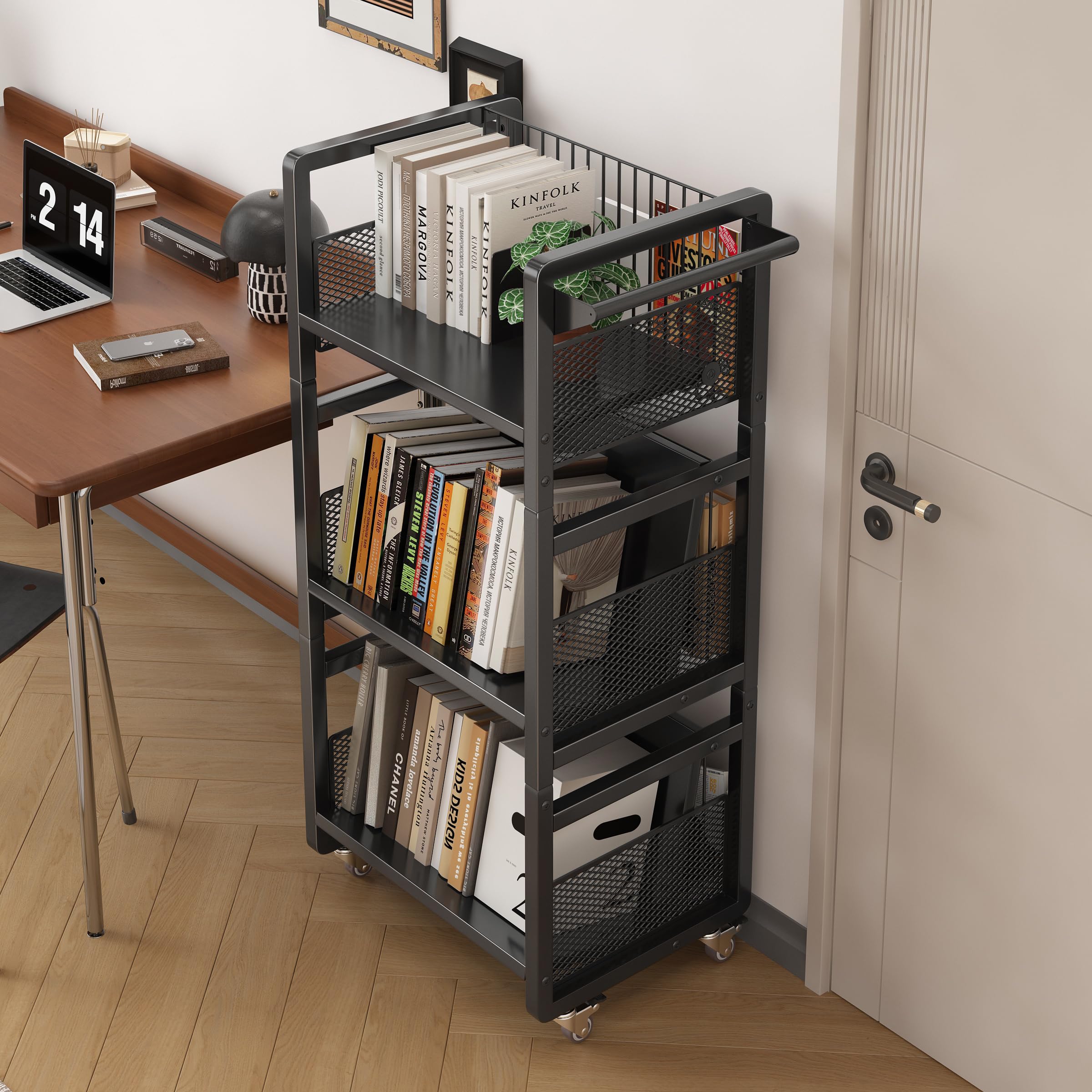 Carrello per Libri con Ruote,Carrello Da Biblioteca con Portata 70kg con Maniglia,Ripiani Piatti a Forma Di L su Un Lato,per Casa,Scuola,con 3 Supporti Magnetici per Libri - Nero