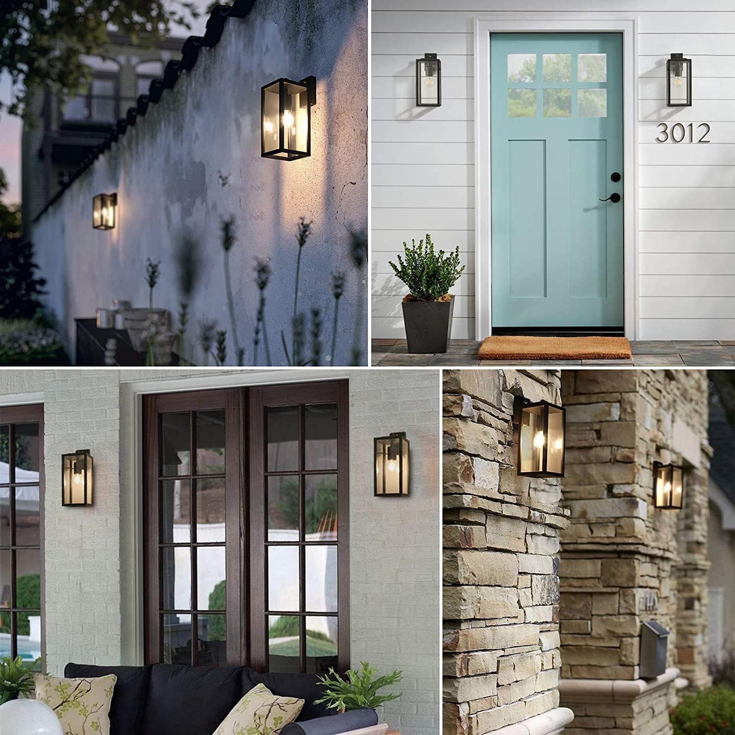 HLFVLITE Lampada da Parete per Esterni Dusk to Dawn, Alluminio Applique da Esterno Impermeabile con Attacco E27 con Paralume in vetro per Porta d'ingresso del Portico, Garage, Nero Opaco