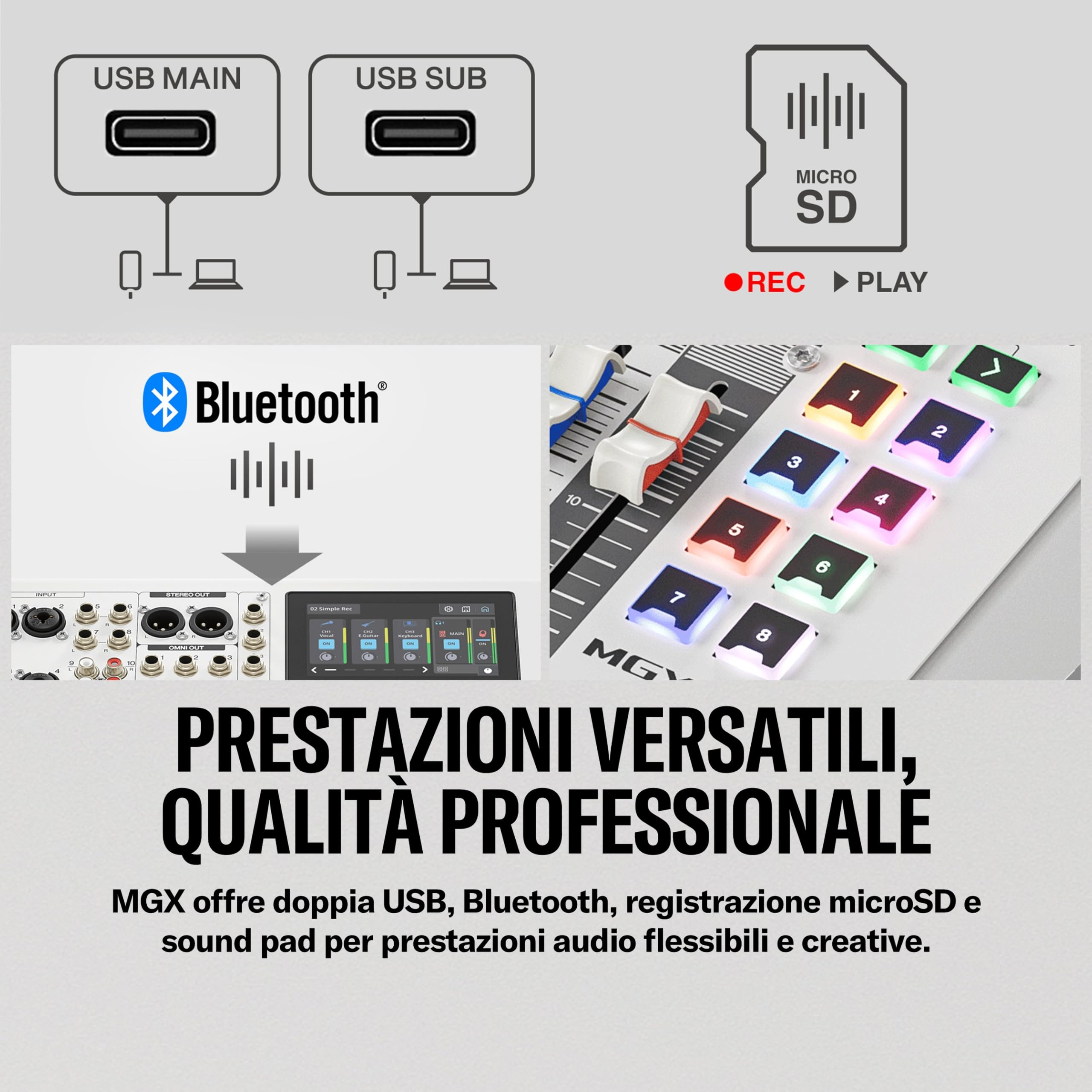 YAMAHA MGX12 Console di Mixaggio Digitale con LCD Touch, Bluetooth, Nero | Mixer Compatto con Doppia USB, Registrazione Multitraccia su microSD e Strumenti Audio Intelligenti