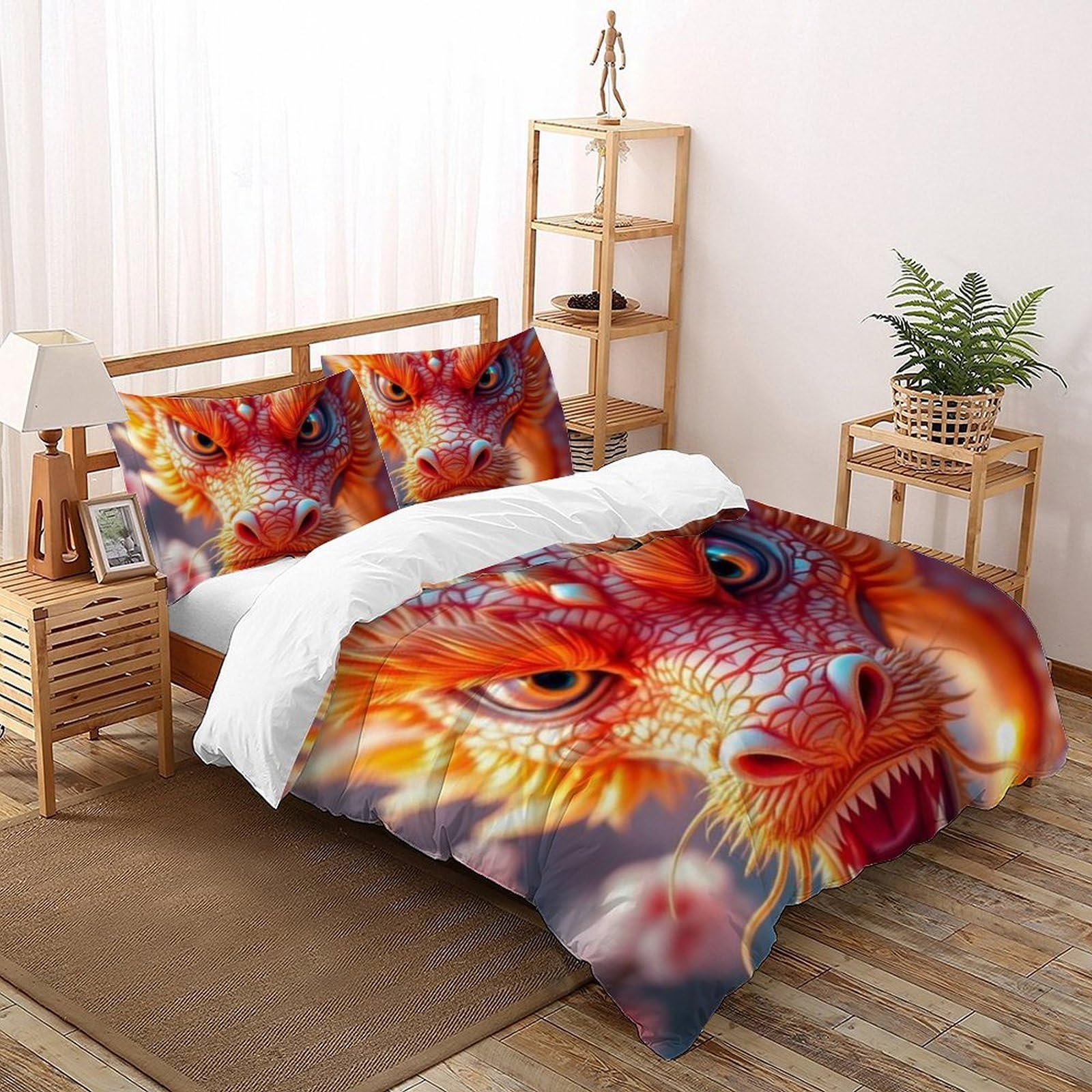 Housse de couette dragon d'or microfibre 220x240cm lit 2 personnes flying animauxs fermeture éclair