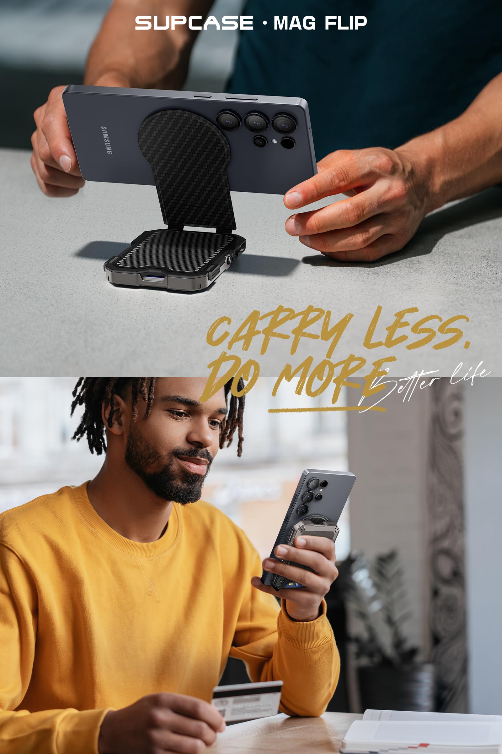 SUPCASE Portefeuille Magsafe avec Support [Anneau Magnétique Inclus] [Maintien 5 Cartes] [Support Réglable Trépied] Blocage RFID Porte-Cartes pour Samsung Galaxy S25 /S24/S23, iPhone 17/16/15, Carbon