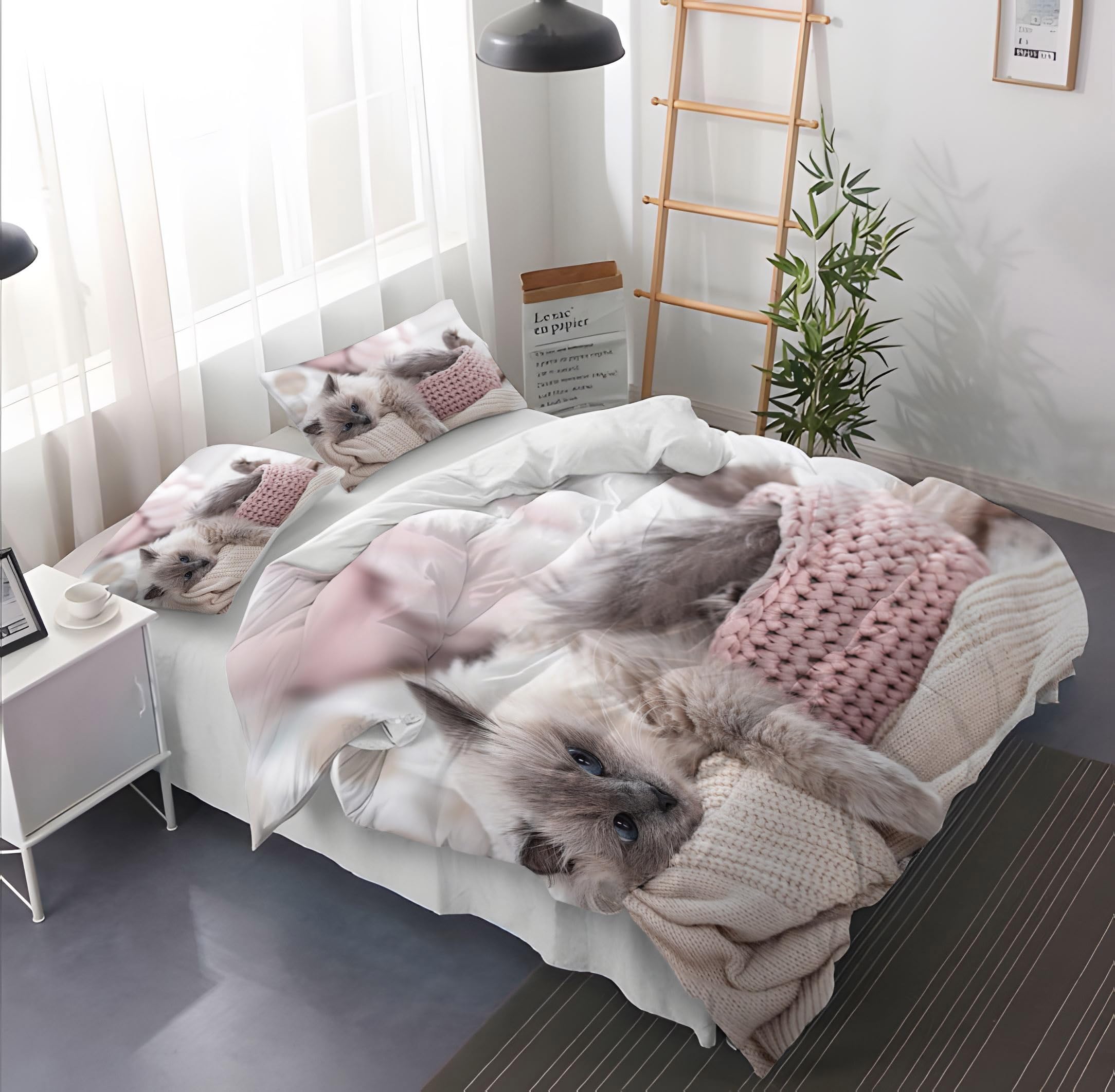 Yzehomijia Cat Duvet Cover Sets 200×200 cm, 3D Cat Print, 1 Pink Microfibre Duvet Cover + 2 Pillowcases 65×65 cm.(Cat3×200) - Image 2
