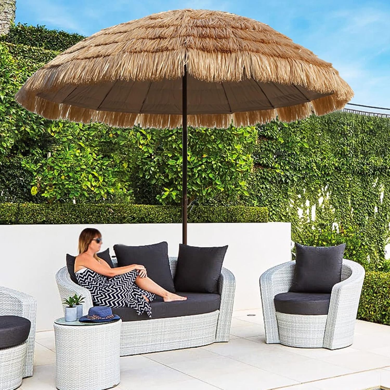 Sombrilla De Playa 6.5FT / 200CM, Paraguas De Paja Hawaiana con Mecanismo De Inclinación, Protección Solar A Prueba De Viento, para Jardín Al Aire Libre, Patio, Playa, Piscina