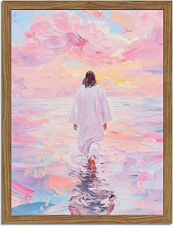 Pink Jesus Walking On Water Wall Art, Frame 3D Textured Hand Drawn Sandstone Christian