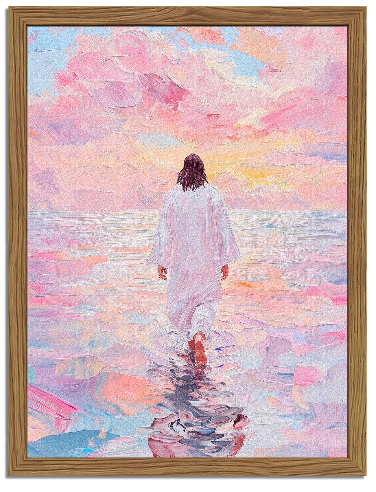 Framed 3D Textured Pink Jesus Walking On Water Wall Art, Hand Drawn Sandstone Christian Wall Decor Paintings Religious Savior Pictures for Living Prayer Room Bedroom, 12x16 in Wood Framed