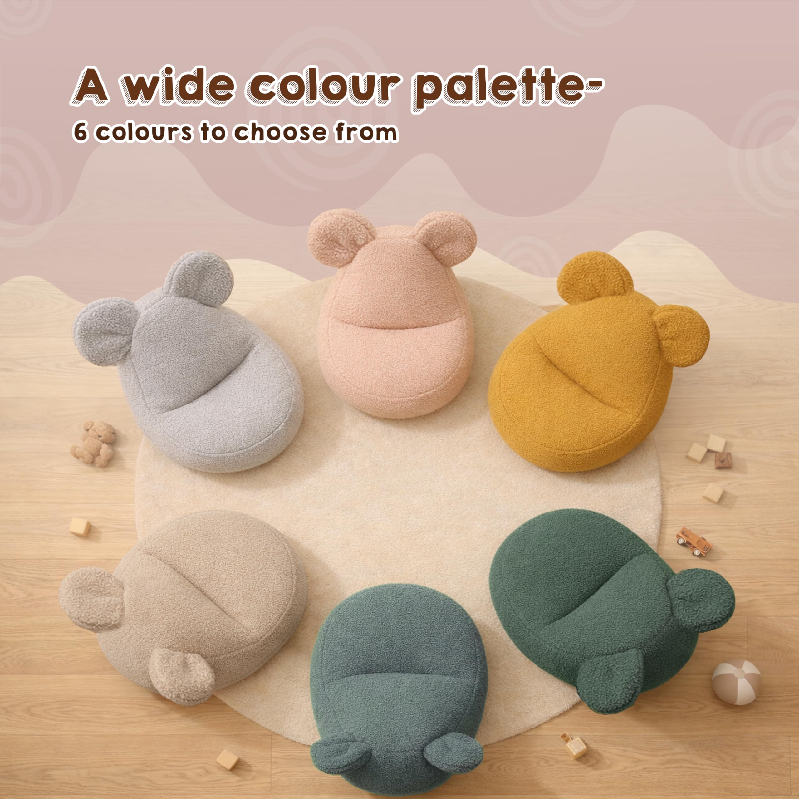 POKAR Pouf Bambini con Orecchie di Topo 68x68x50 cm | Poltroncina Sacco in Tessuto Bouclé e Imbottitura Schiuma PU | Sedia Montessori per Cameretta e Gioco | OEKO-TEX | Made in EU | Beige Accogliente