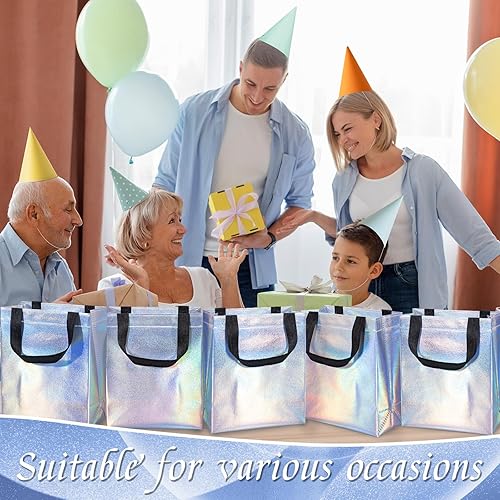Miniatura 5 de Iioscre 12 bolsas de regalo de tamaño mediano, bolsas de regalo reutilizables no tejidas brillantes, bolsas de comestibles con asas, bolsas